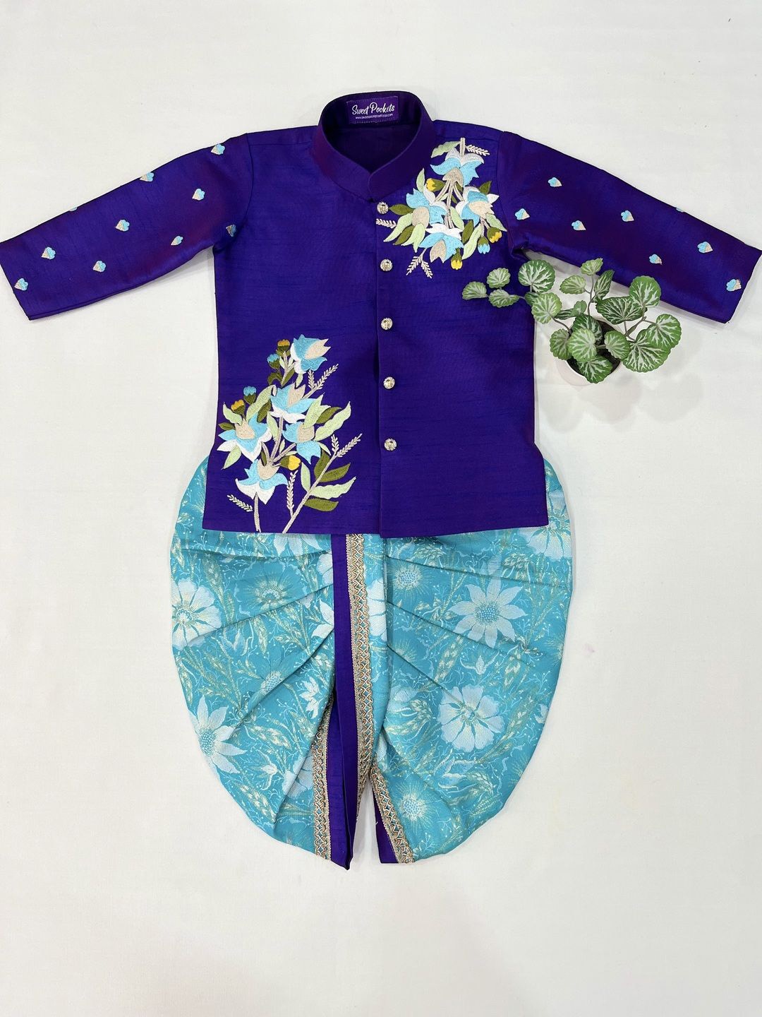 

Sweet Pockets Boys Floral Embroidered Dupion Silk Kurta with Dhoti Pants, Purple