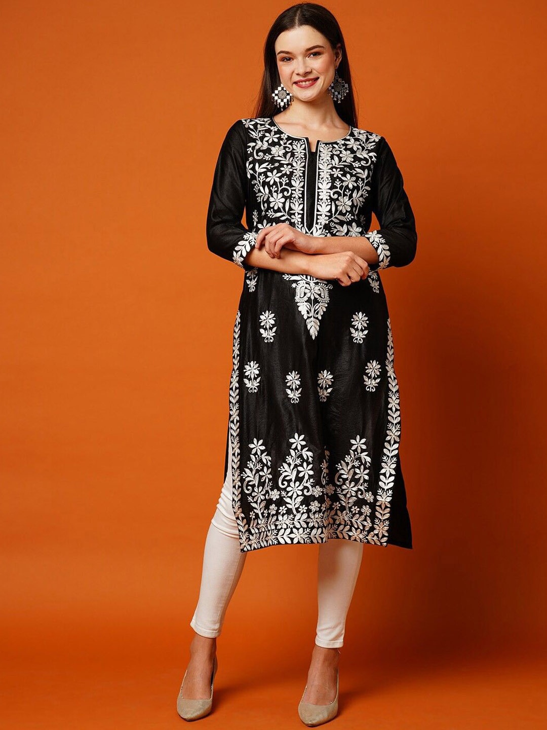 

Anni Designer Floral Embroidered Round Notch Neck Chikankari Straight Kurta, Black