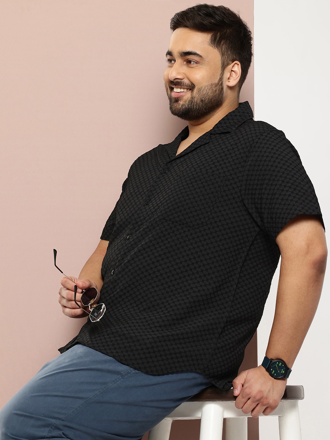 

Sztori Men Plus Size Dobby Casual Shirt, Black