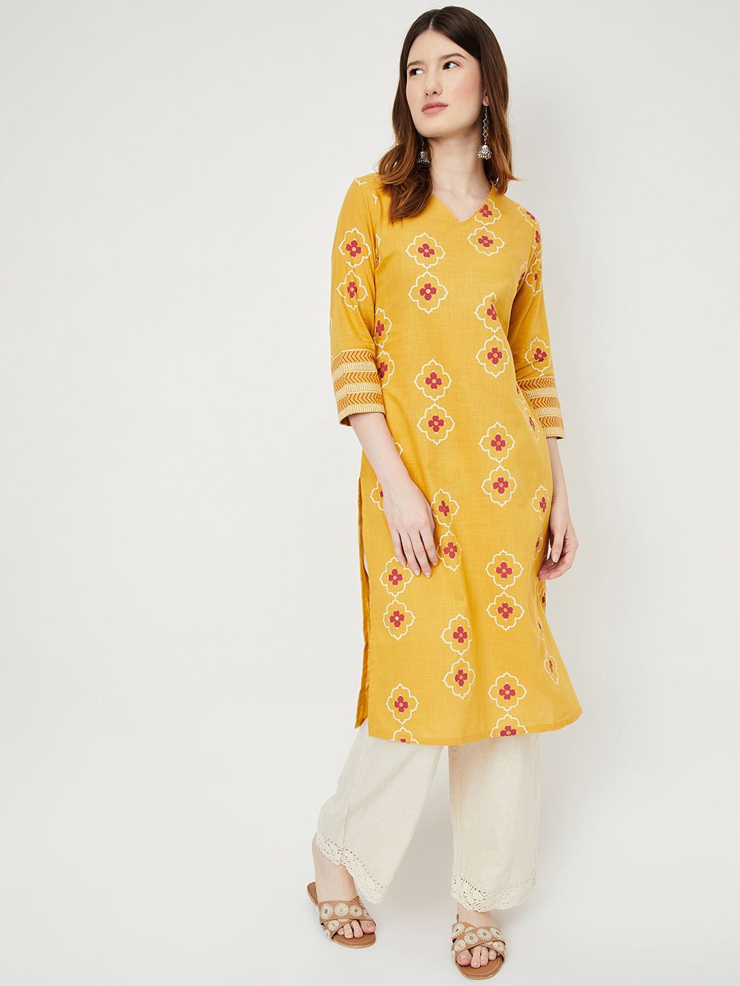 

max Ethnic Motifs Printed Gotta Patti Straight Kurta, Yellow