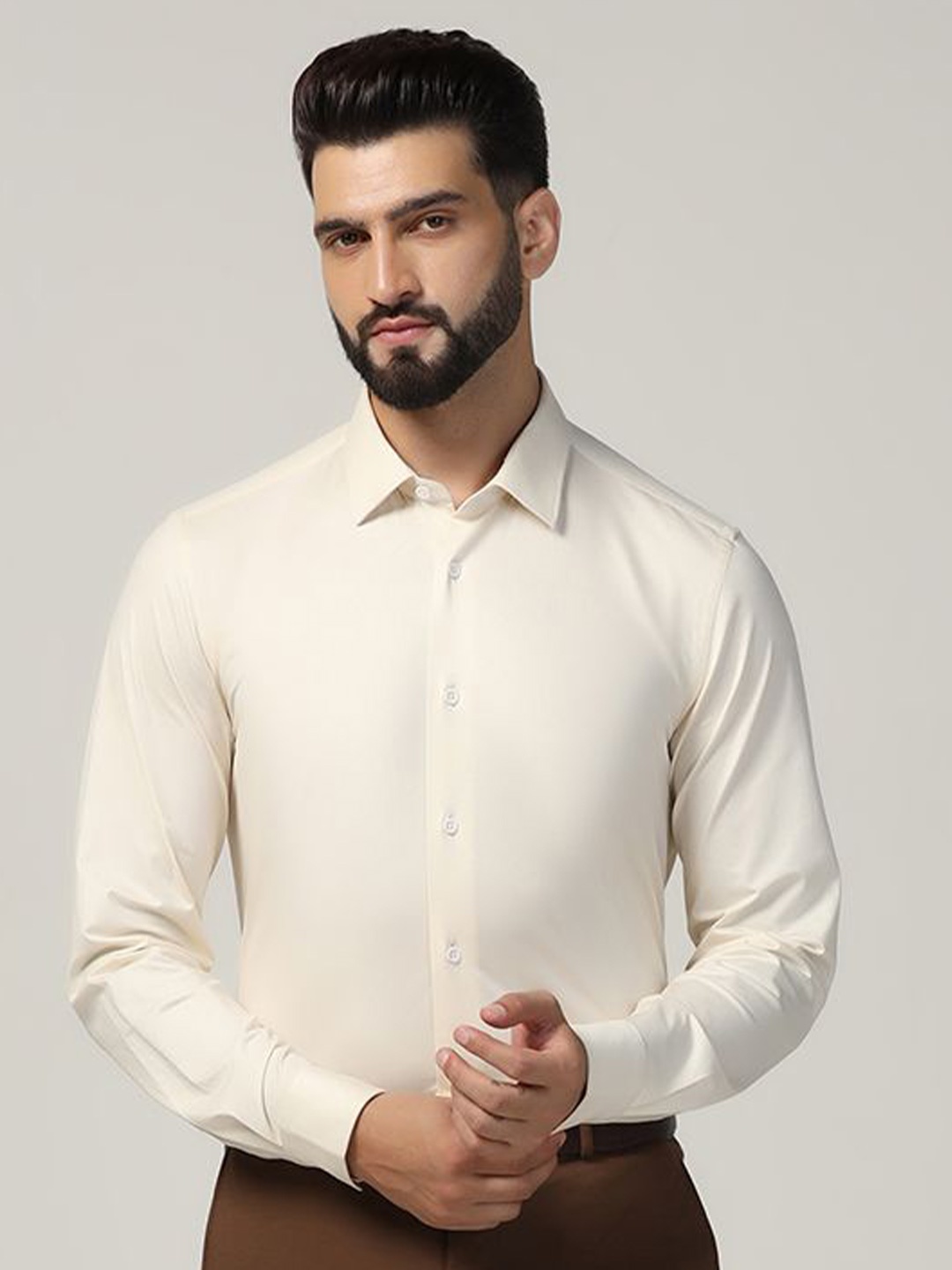 

Blackberrys Men India Spread Collar Solid Cotton Slim Fit Casual Shirt, Cream