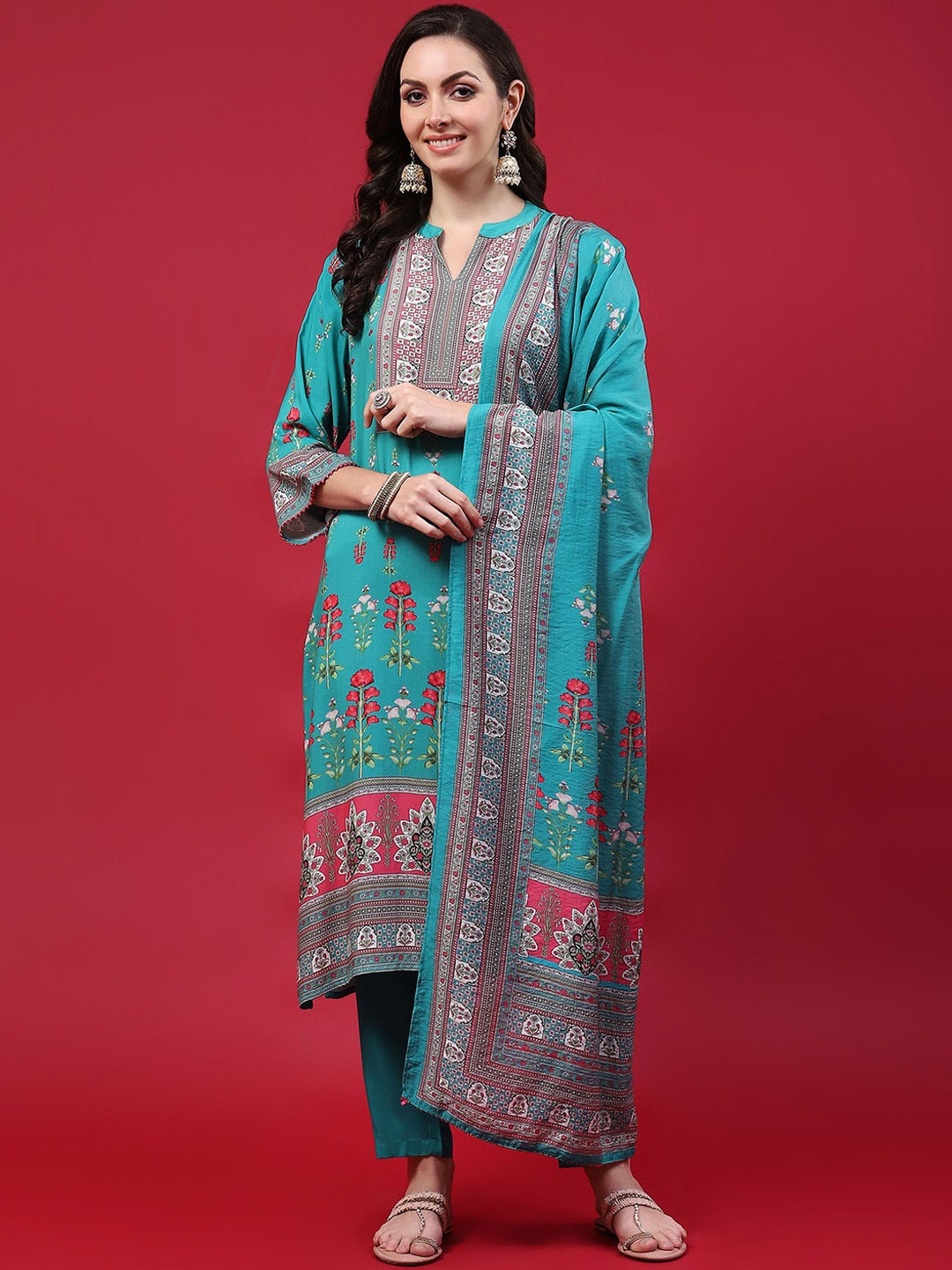 

Shree Floral Printed Thread Work Liva Straight Kurta With Trousers & Dupatta, Turquoise blue