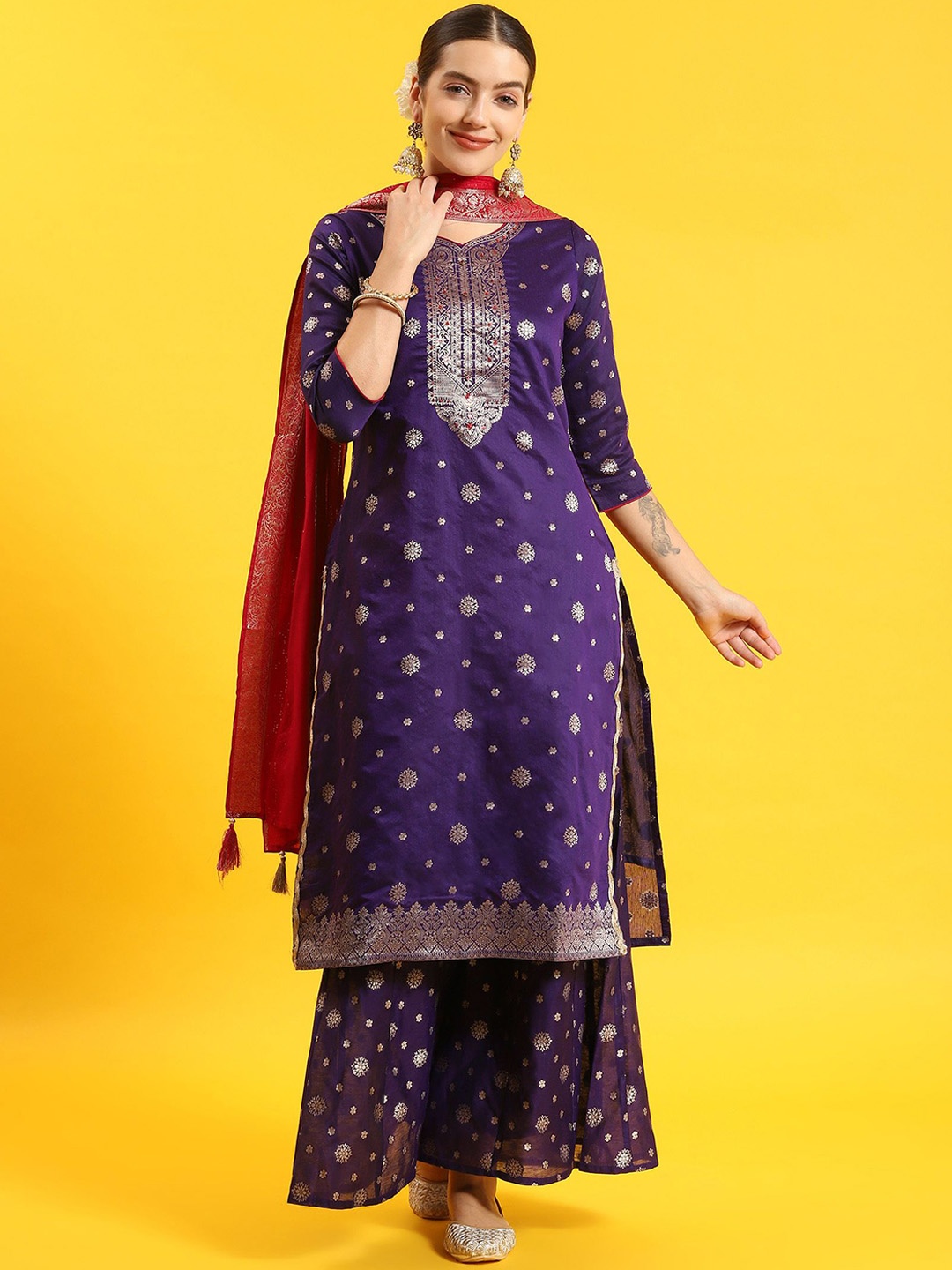 

Shree Ethnic Motifs Woven Design Sequinned Jacquard Straight Kurta with Sharara & Dupatta, Purple