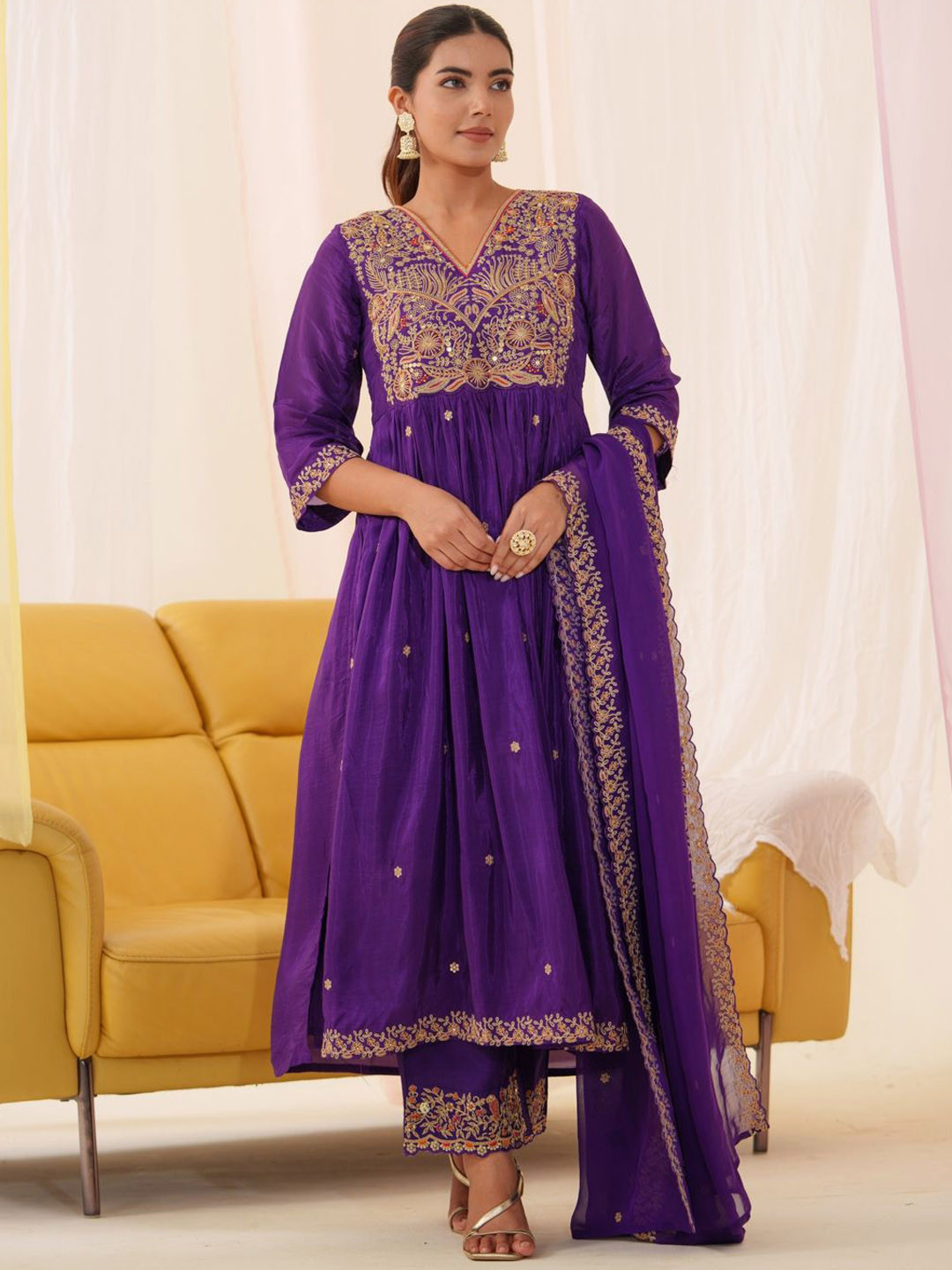 

Sangria Embroidered Thread Work A Line Kurta With Trousers & Dupatta, Purple