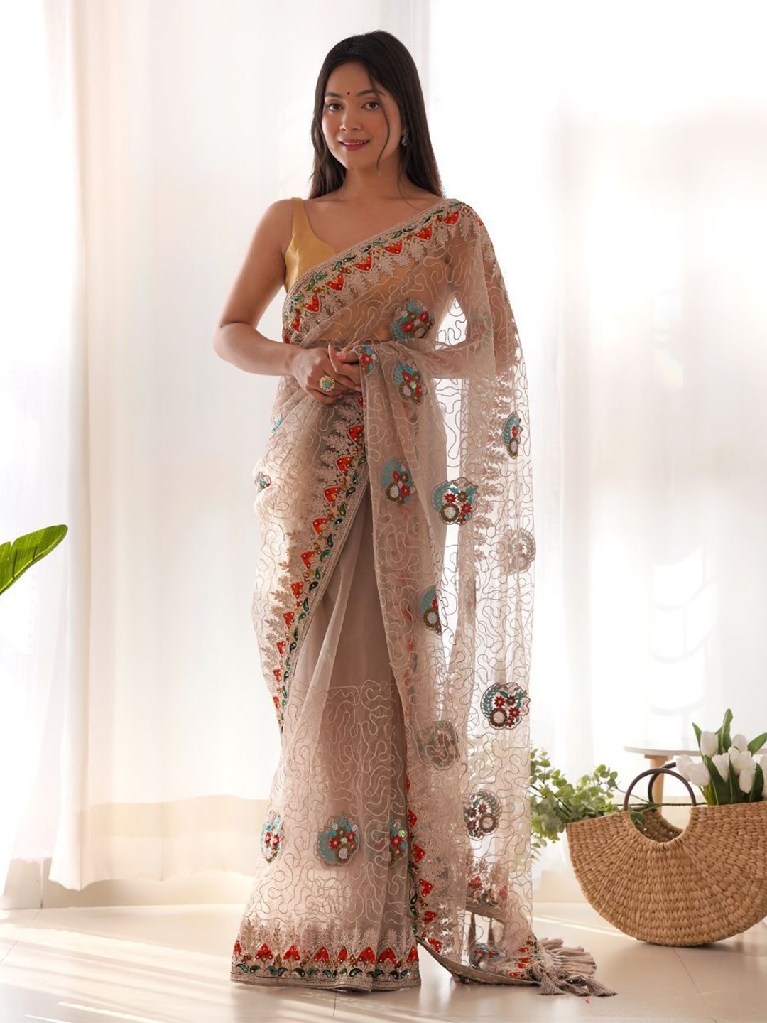 

Celeb Styles Embroidered Net Saree, Beige