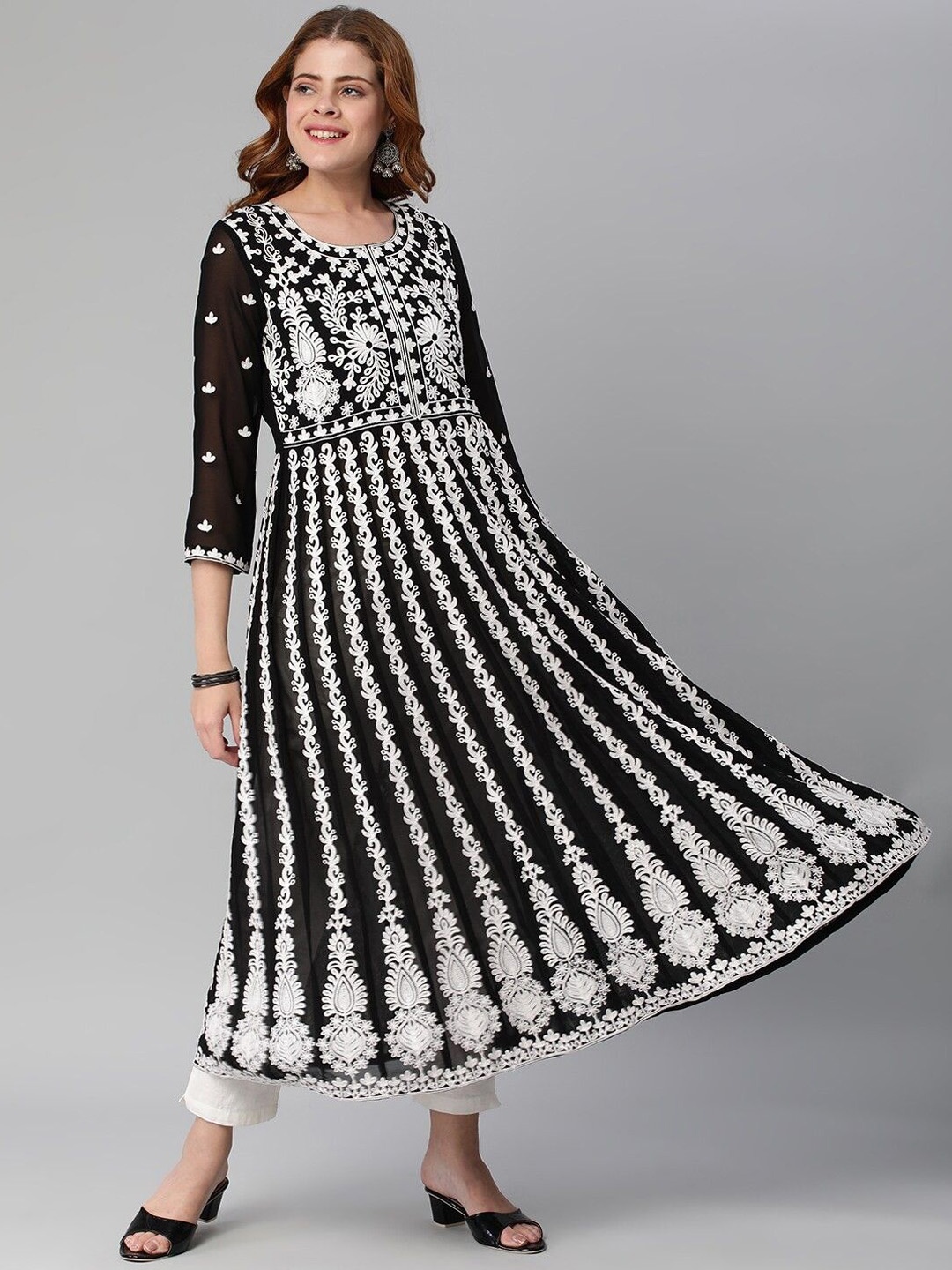 

Anni Designer Ethnic Motifs Embroidered Round Neck Chikankari Anarkali Kurta, Black
