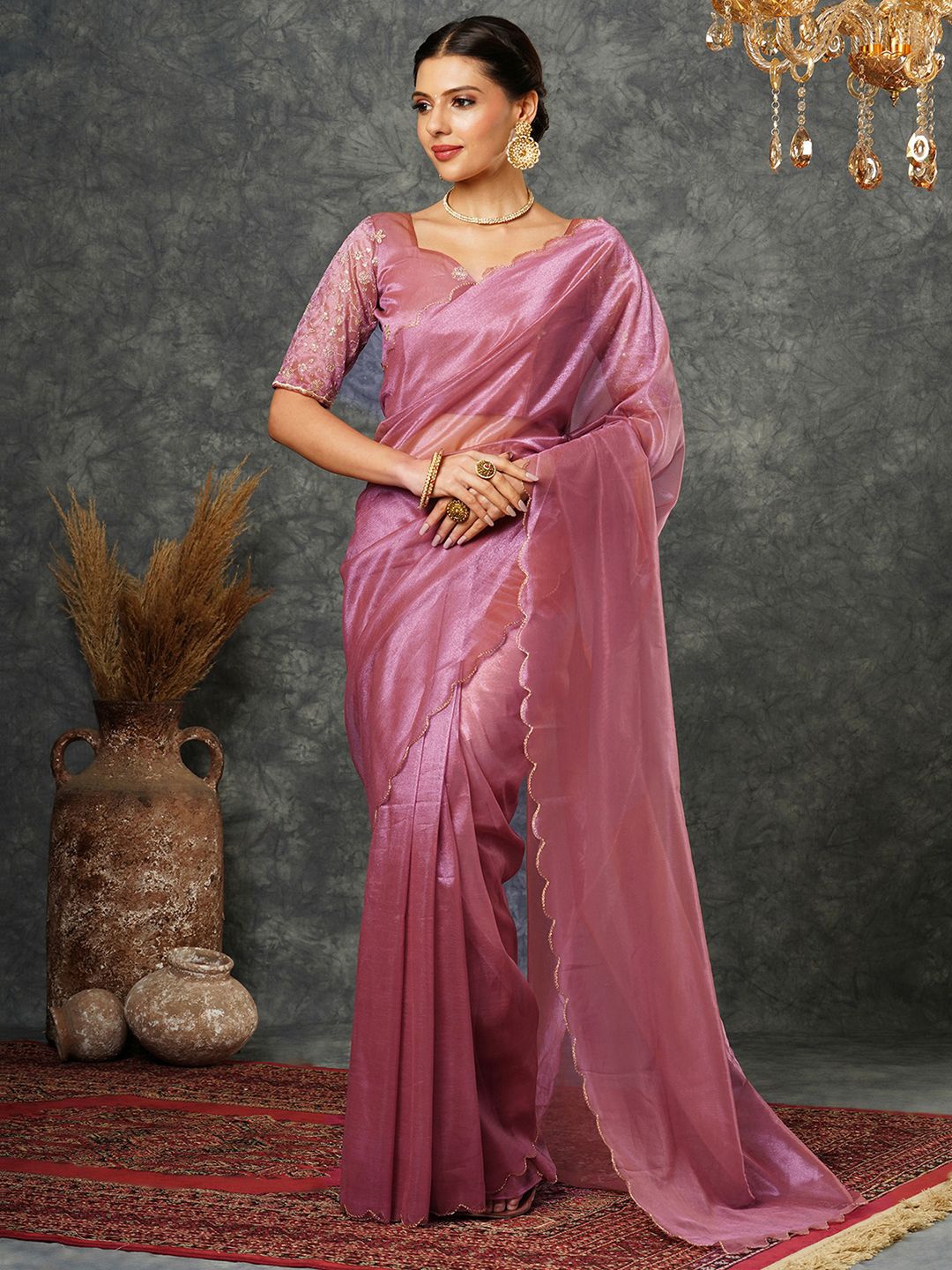 

all about you Solid Embroidered Net Saree, Pink