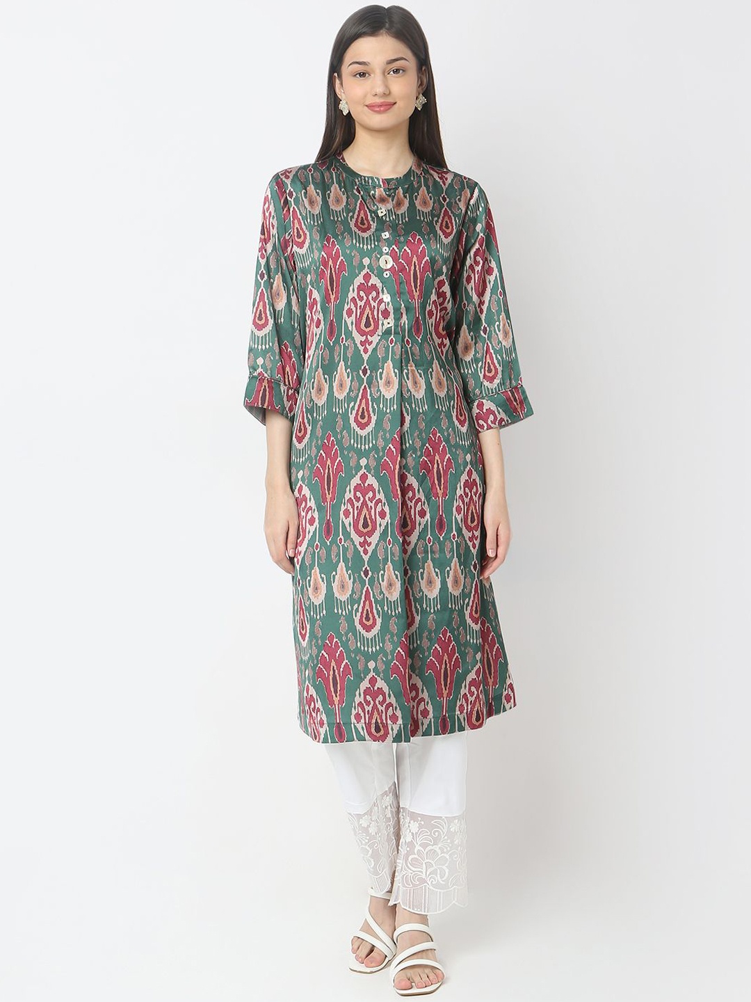 

NYLANGAN Abstract Printed Mandarin Collar Straight Kurta, Green