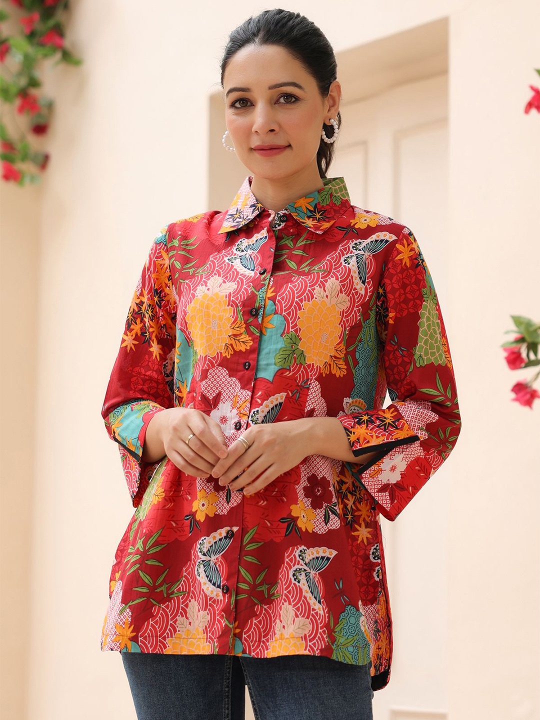 

Rain & Rainbow Women Floral Printed Shirt Collar Cotton Top, Red