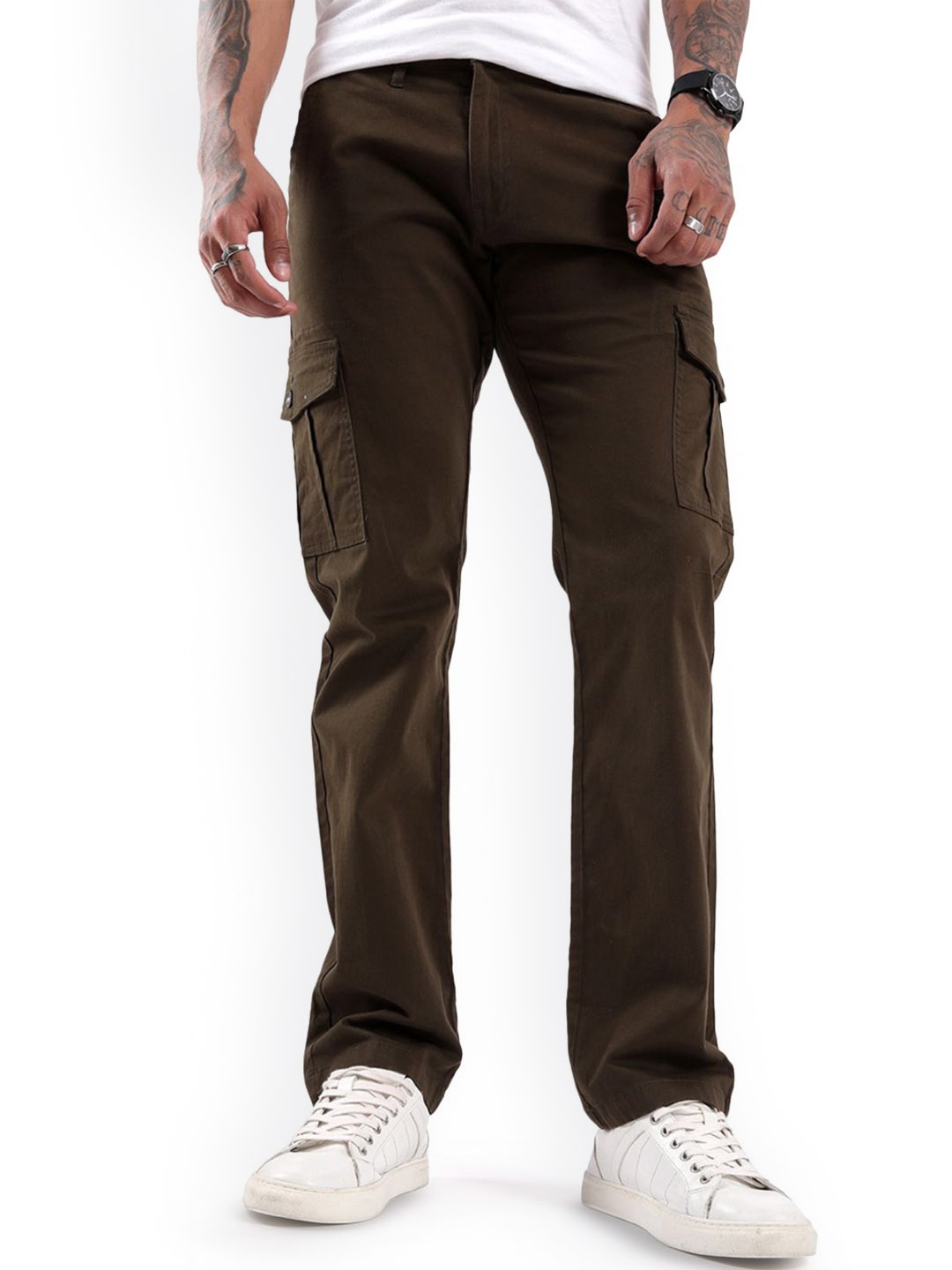 

WROGN Men Straight Fit Cargos Trousers, Olive
