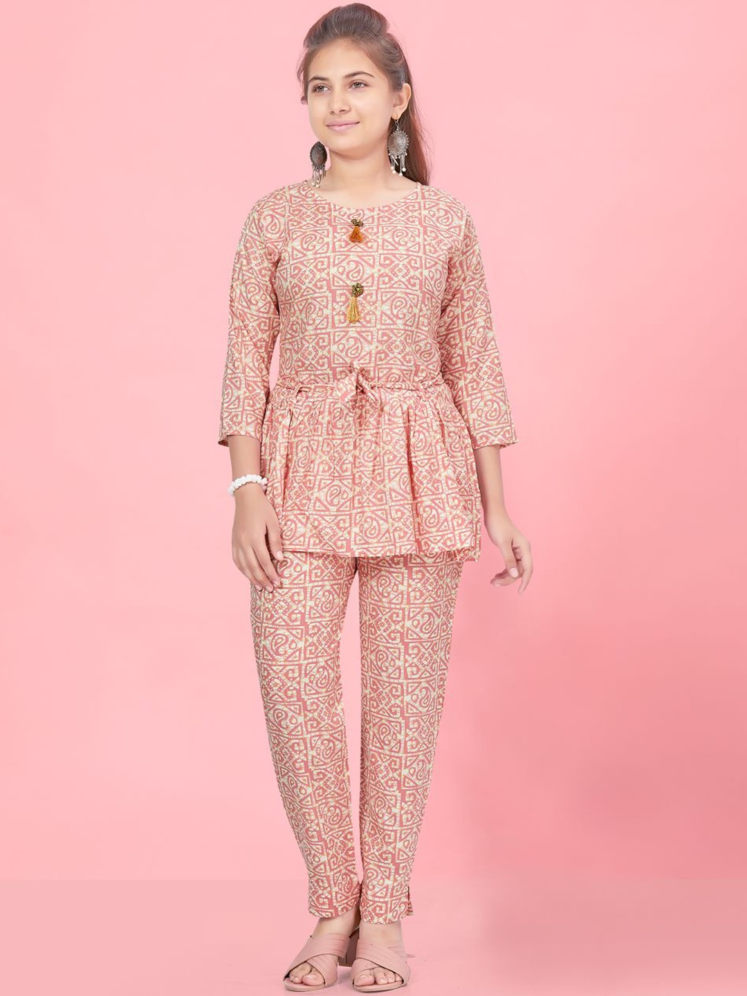 

BAESD Girls Printed Pure Cotton Tunic With Trousers, Peach