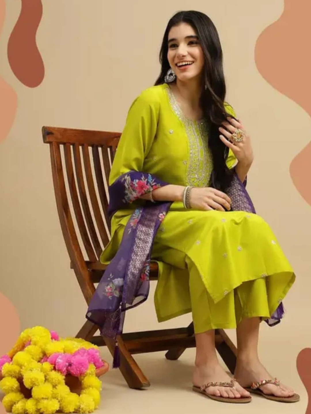 

KALINI Floral Embroidered Sequinned Straight Kurta with Trousers & Dupatta, Lime green