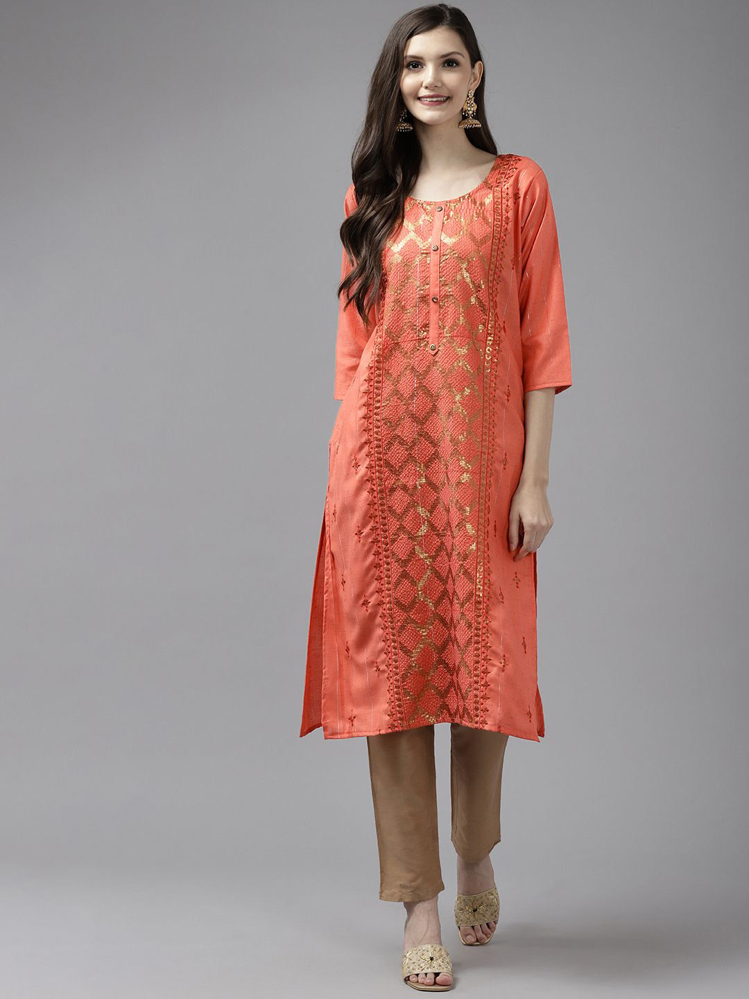 

BAESD Geometric Embroidered Sequins Cotton Straight Kurta, Orange