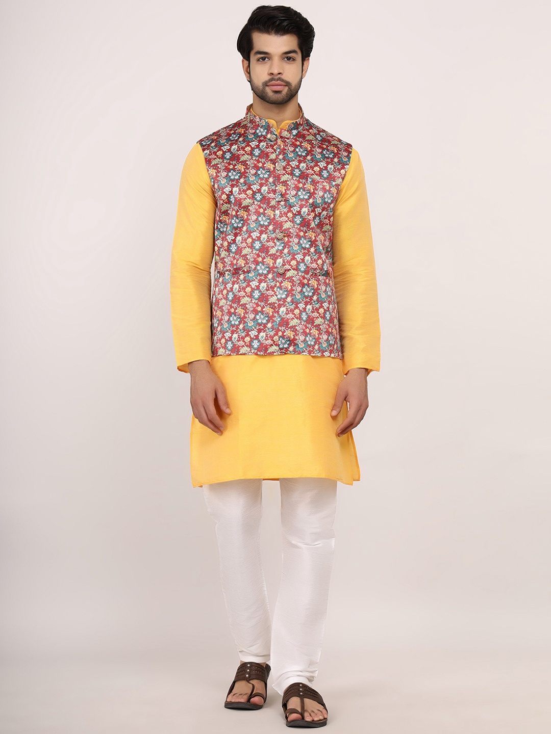 

Sadree Mandarin Collar Dupion Silk Kurta With Pyjama & Printed Nehru Jacket, Yellow