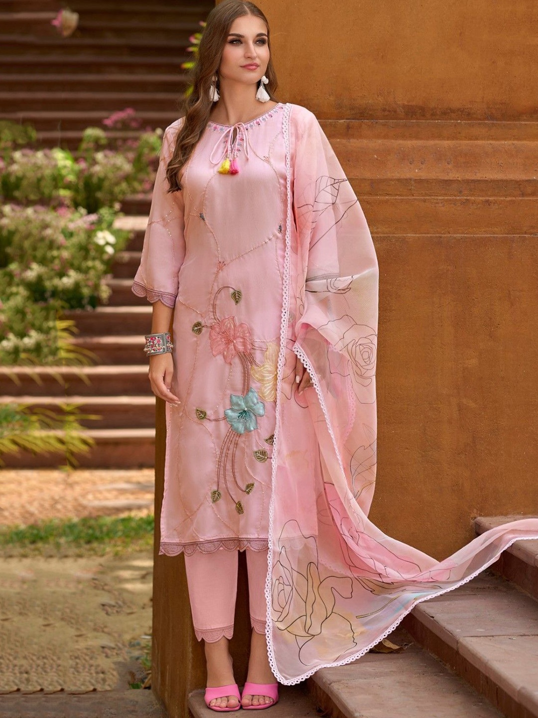 

AUTUMN LANE Floral Embroidered Pure Cotton Straight Kurta With Trouser & Dupatta, Pink