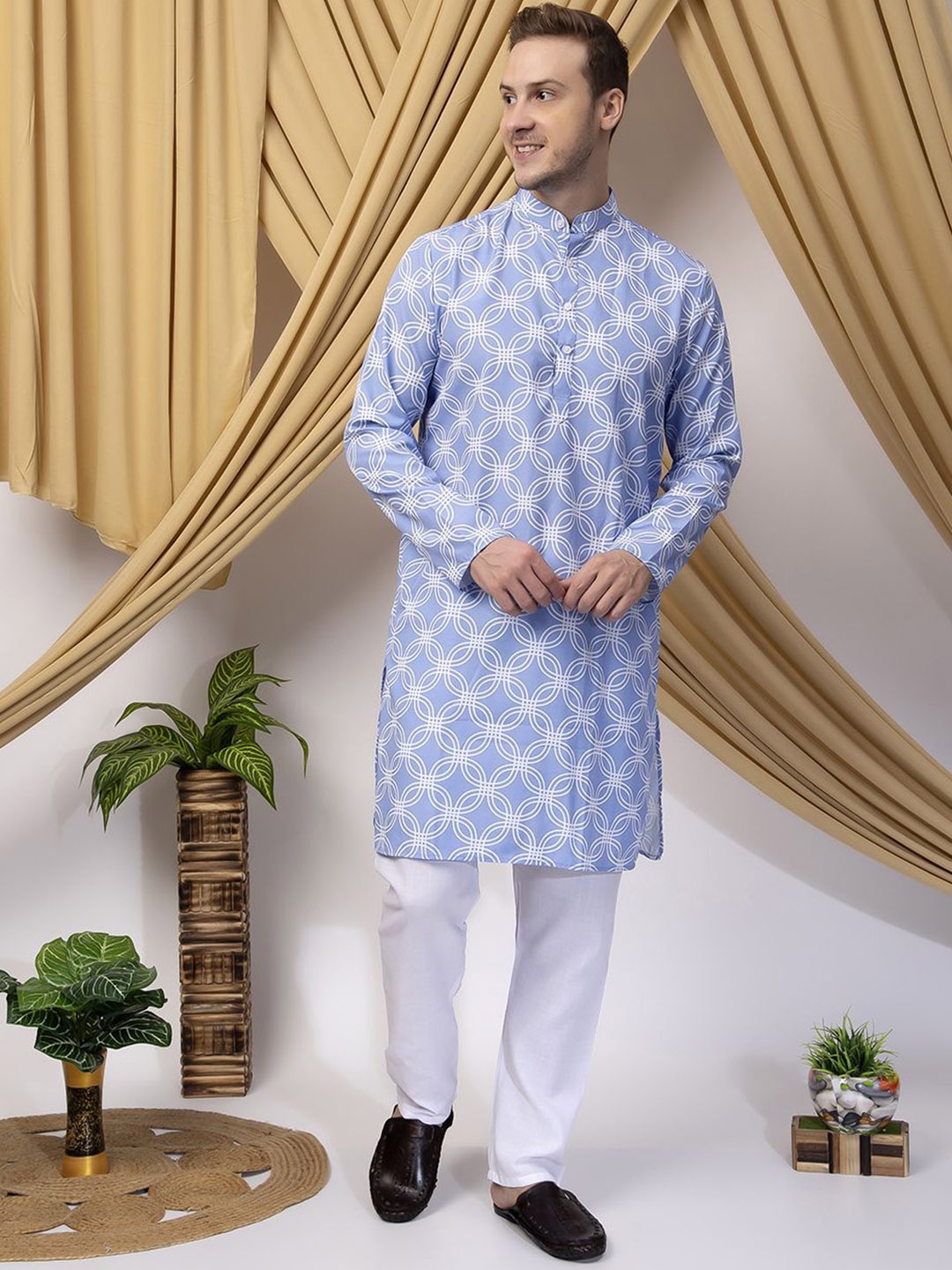 

Hangup Printed Cotton Straight Kurta with Pyjamas, Blue