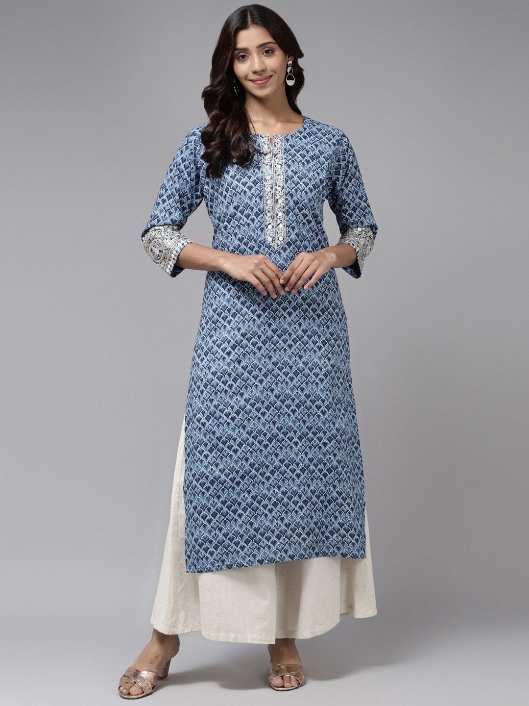 

BAESD Geometric Printed Regular Sequinned Cotton Straight Kurta, Blue