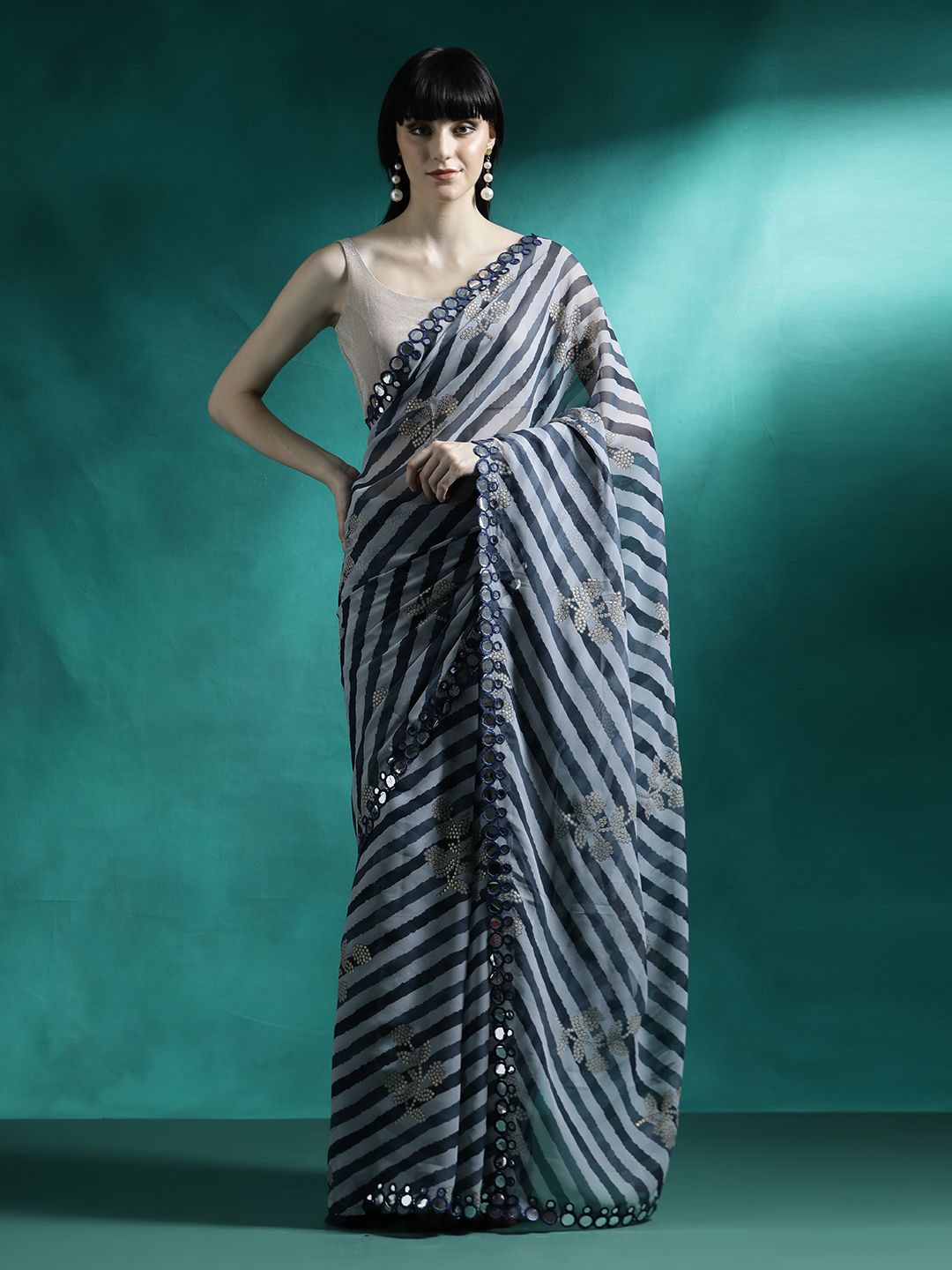 

Sangria Striped & Embroidered Gotta Patti Leheriya Saree, Blue