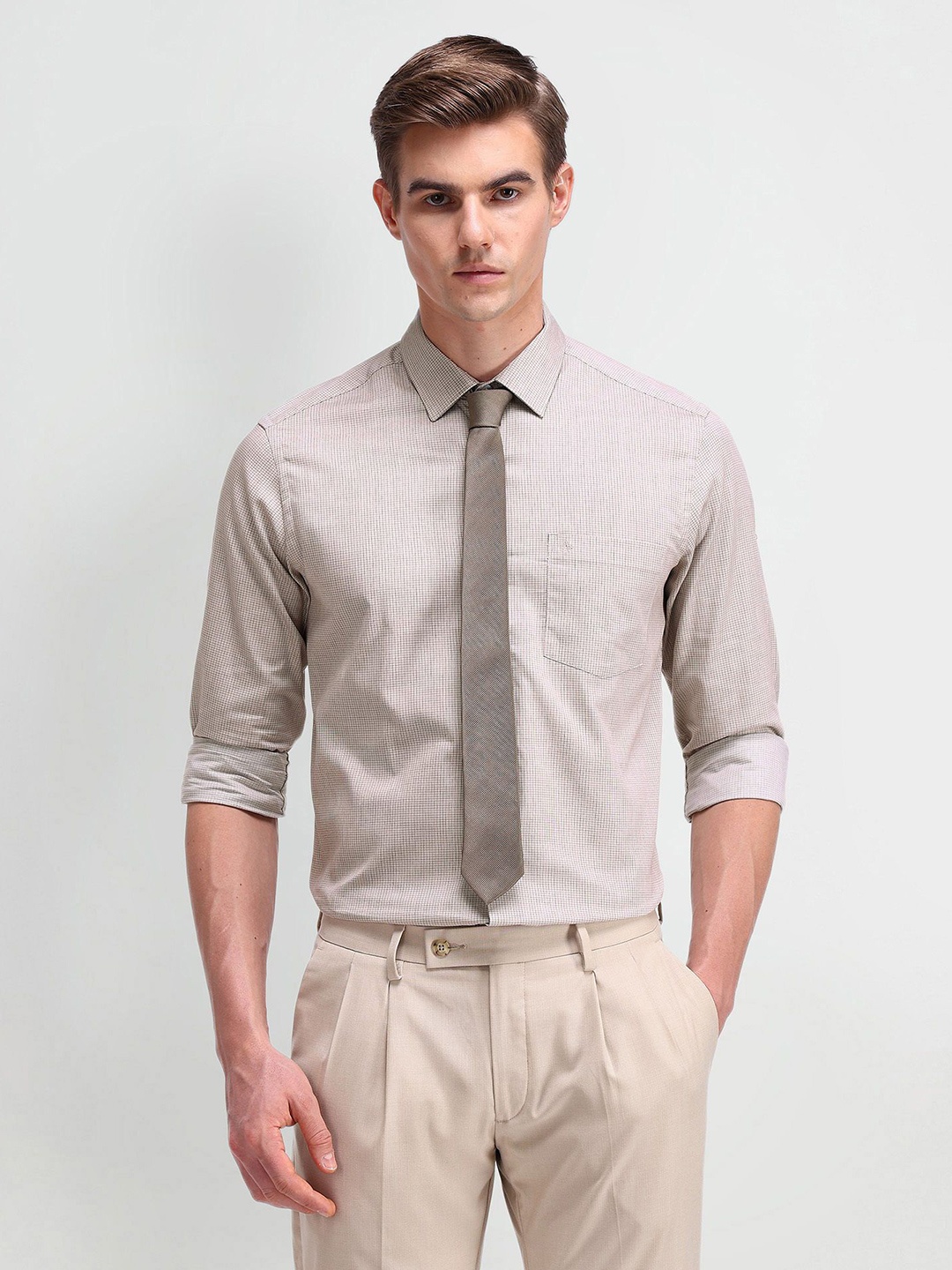 

Arrow Men Modern Spread Collar Checked Cotton Slim Fit Formal Shirt, Brown