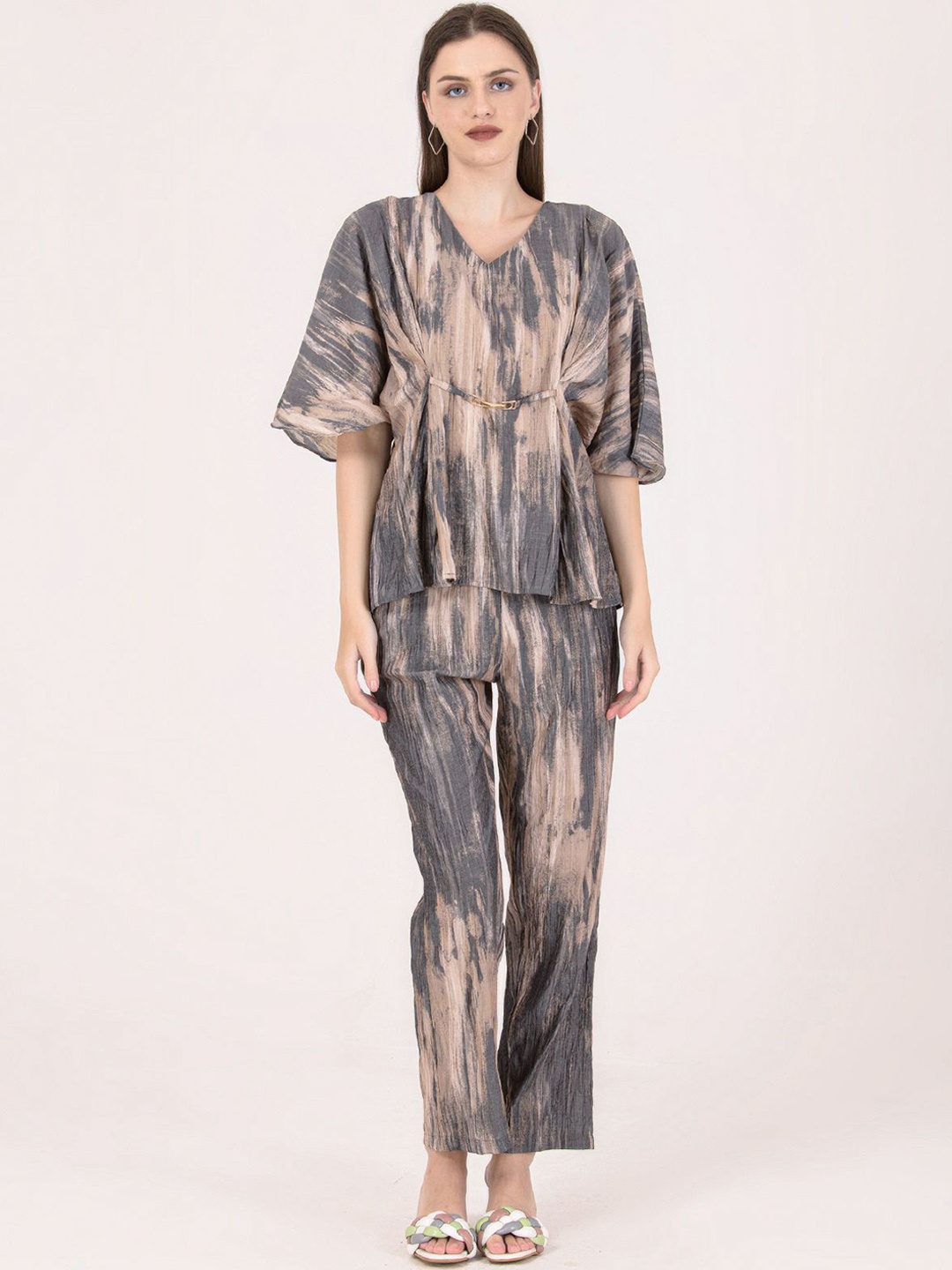 

Albion By CnM Printed Short Sleeves Pure Cotton Top With Trousers Co-Ords, Brown