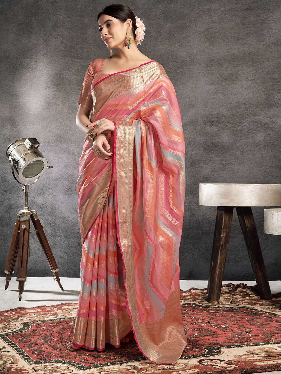 

all about you Woven Design Zari Organza Banarasi Saree, Red