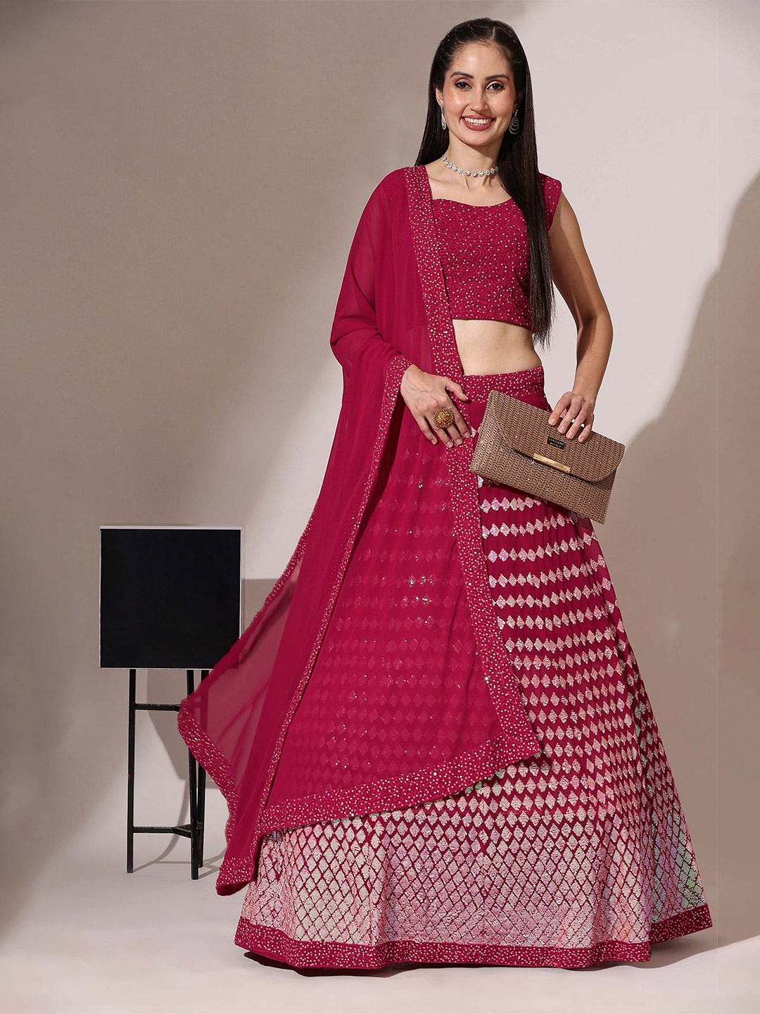 

Fabcartz Embellished Sequinned Semi-Stitched Lehenga & Unstitched Blouse With Dupatta, Pink