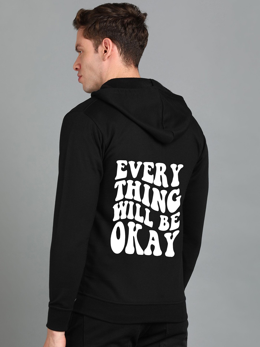 

FALTU.CO Men Printed Zip Detail Hooded Cotton Sweatshirt, Black