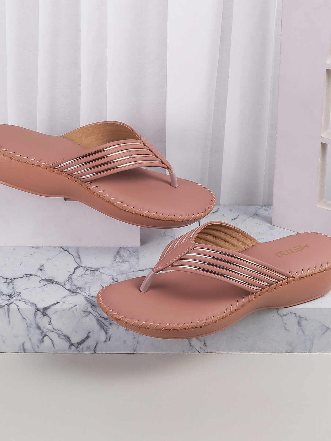 

Metro Women Striped Open Toe Flats with Bows, Peach