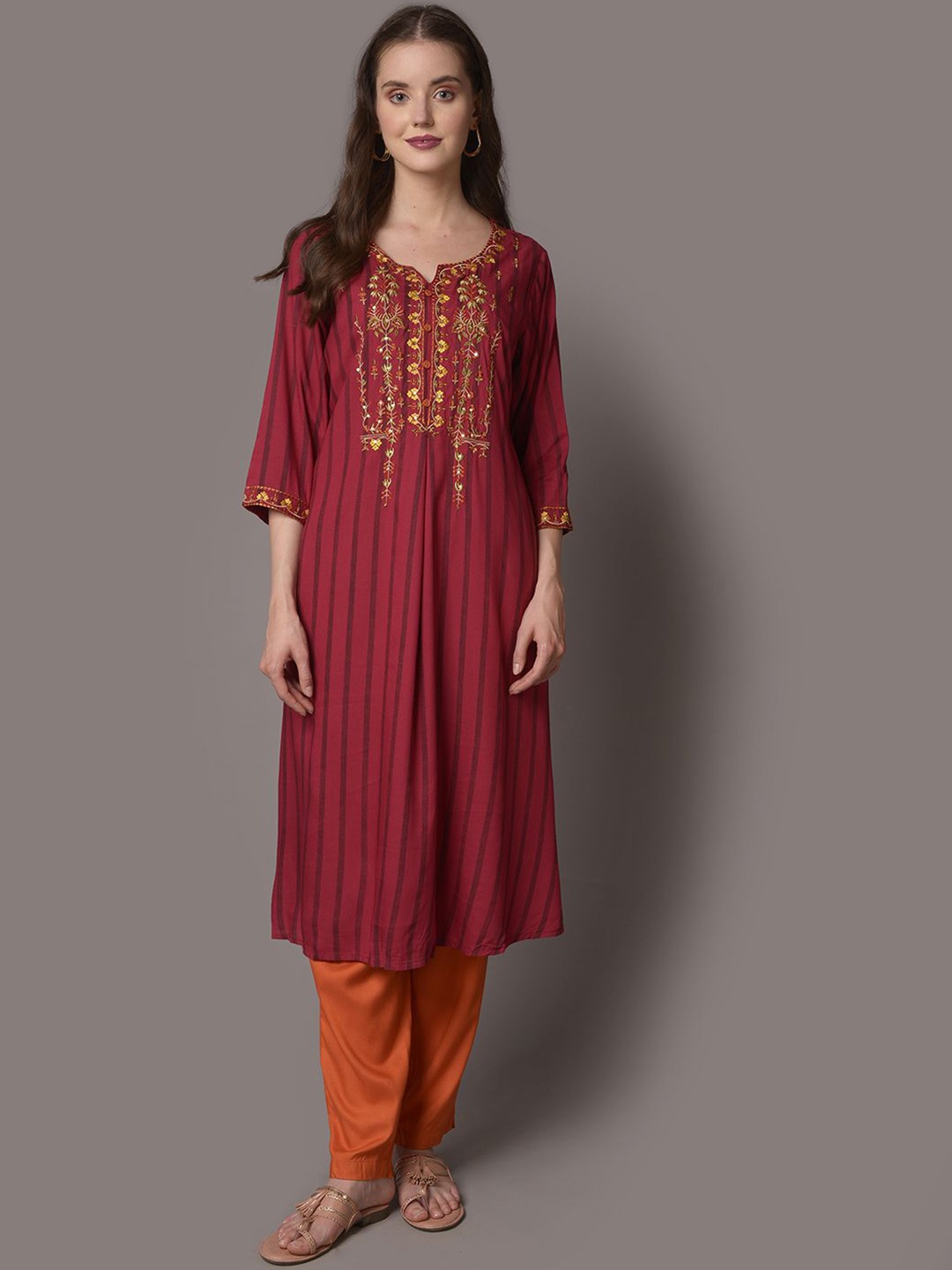 

Shree Floral Embroidered Thread Work Notch Neck A Line Kurta with Trousers, Fuchsia