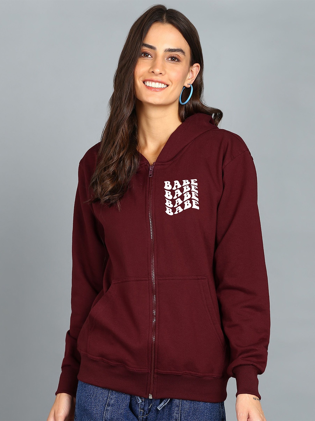 

FALTU.CO Women Typography Printed Hooded Ribbed Cotton Sweatshirt, Maroon