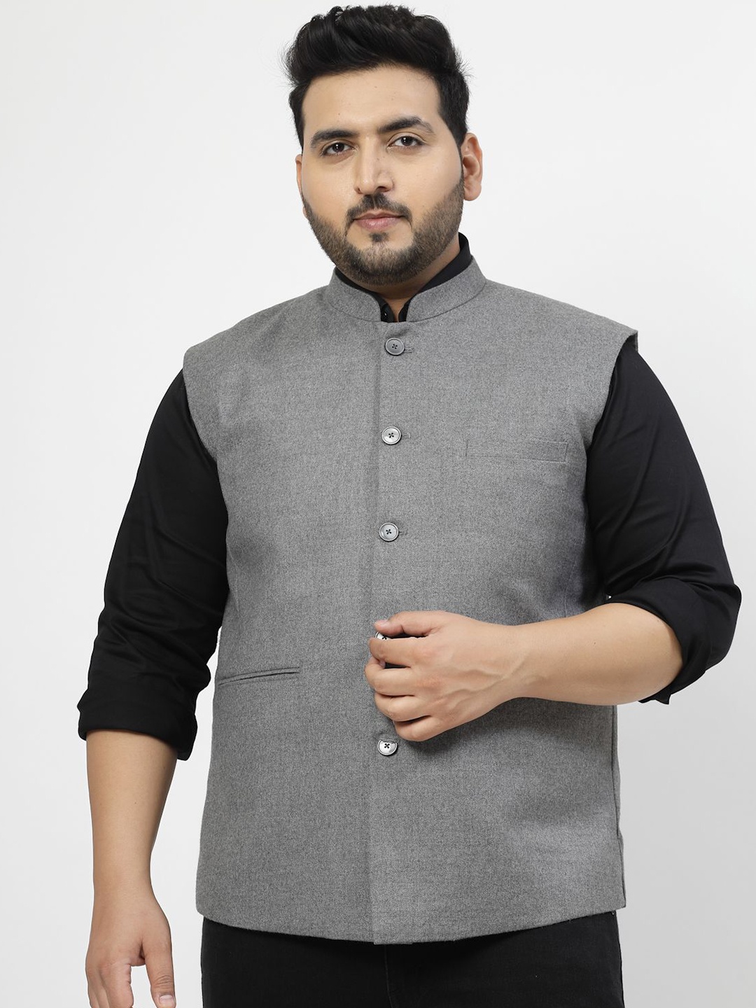 

plusS Mandarin Collar Woven Nehru Jacket, Grey