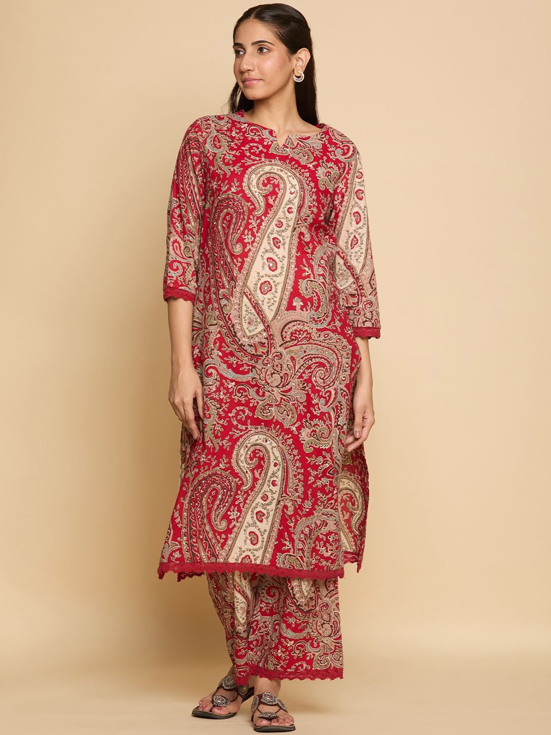 

KRSN FAB Paisley Printed Pure Cotton Straight Kurta with Pyjama, Red