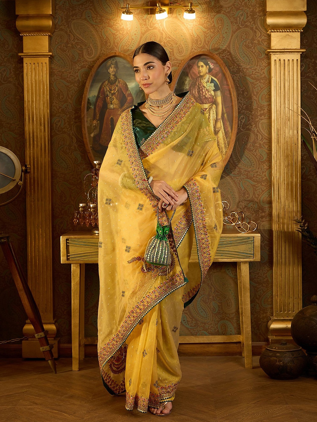 

Sangria Woven Design Embroidered Saree With Blouse Piece, Yellow