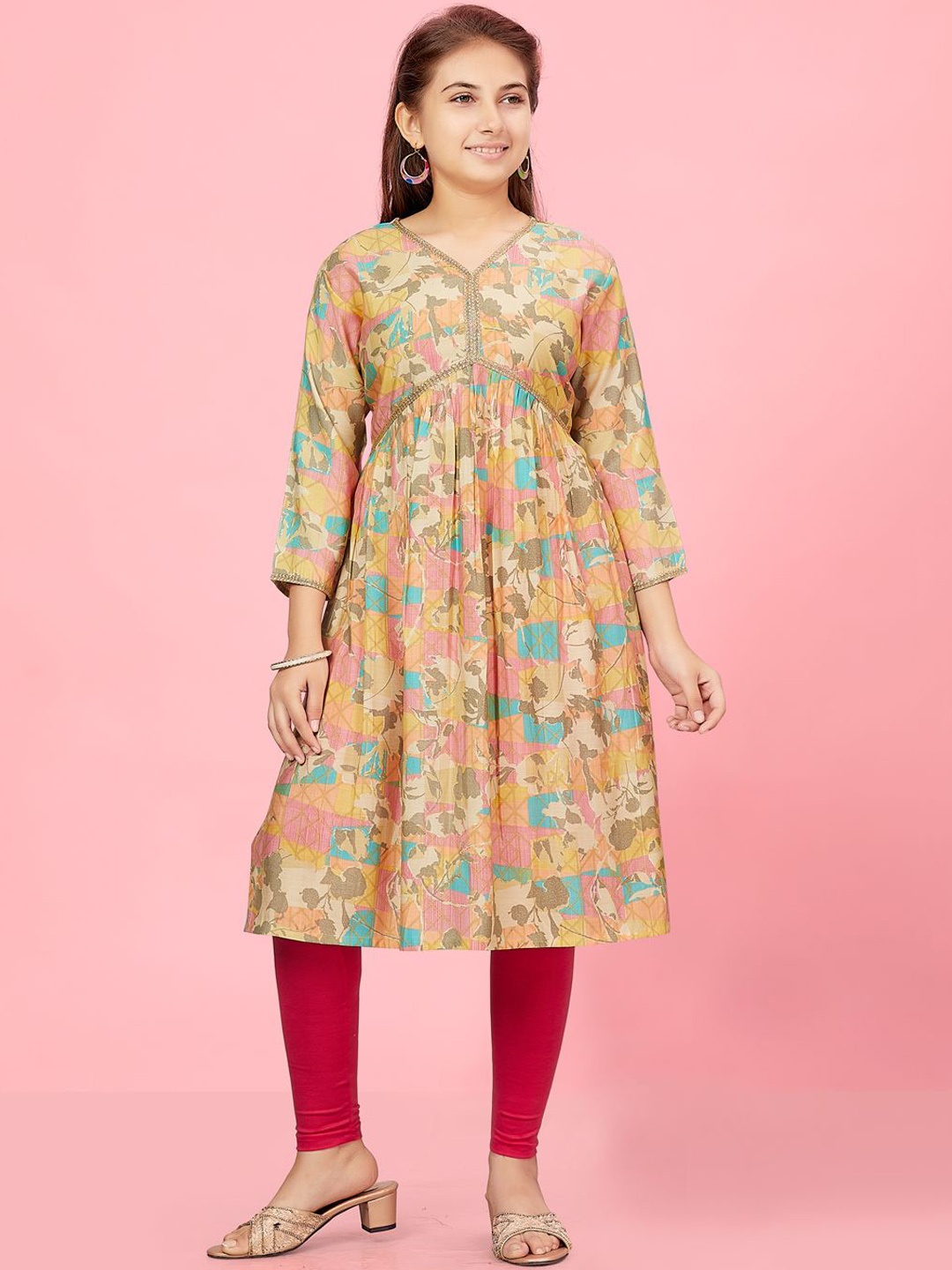 

BAESD Girls Floral Printed V-Neck Empire Cotton A-Line Kurta, Peach