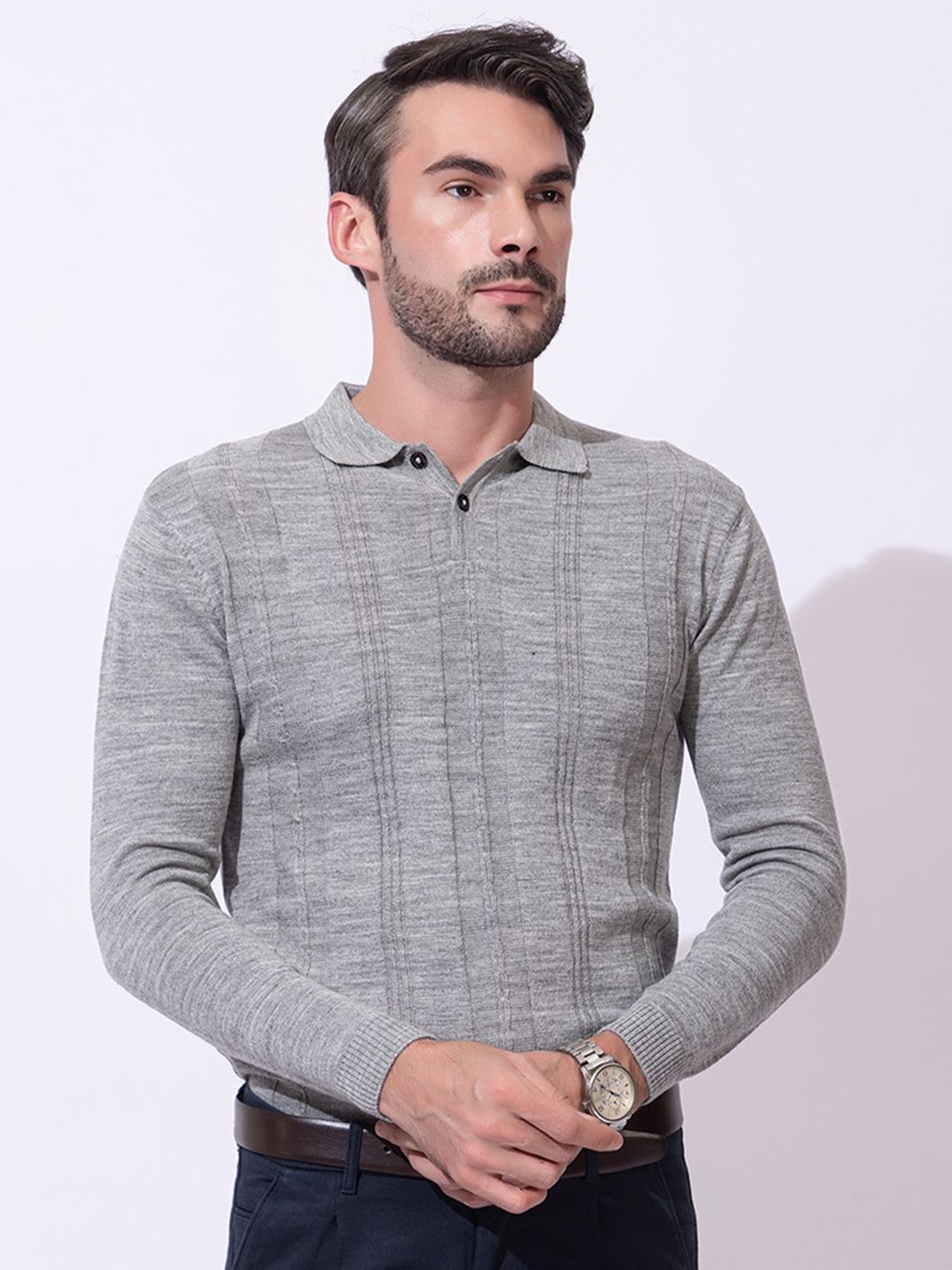

ARMISTO Men Self Design Polo Collar Wool T-shirt, Grey