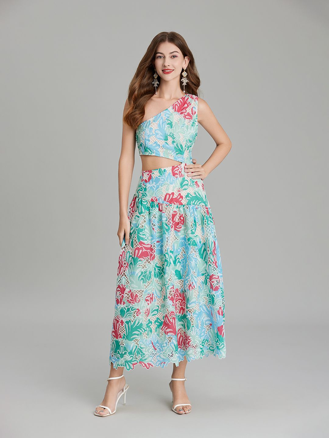 

JC Collection One Shoulder Floral Printed Cut-Outs Fit and Flare Dress, Green