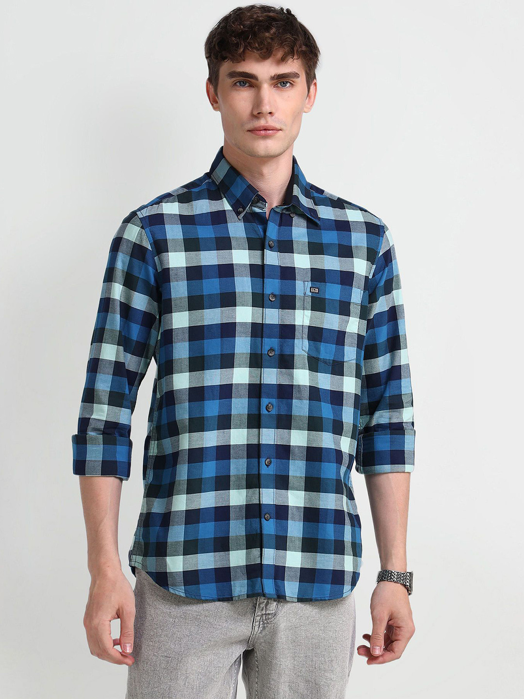 

Arrow Sport Men Modern Button-Down Collar Tartan Checked Cotton Slim Fit Casual Shirt, Blue