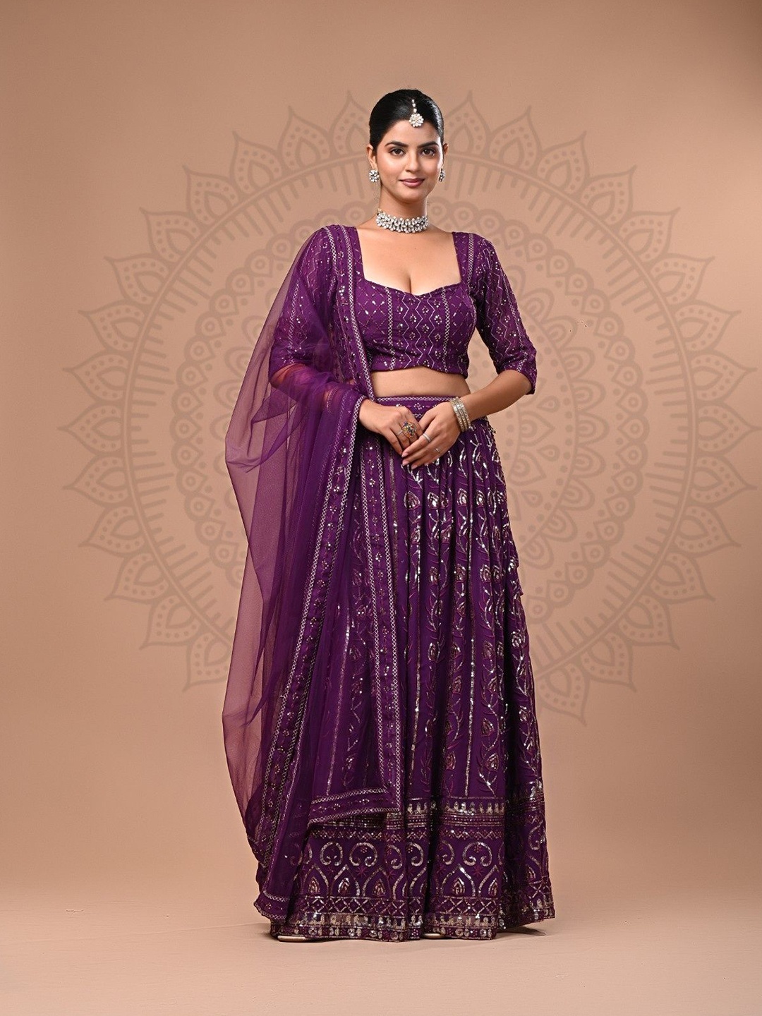 

Futra Gabha Thread Work Ready to Wear Lehenga & Blouse With Dupatta, Magenta