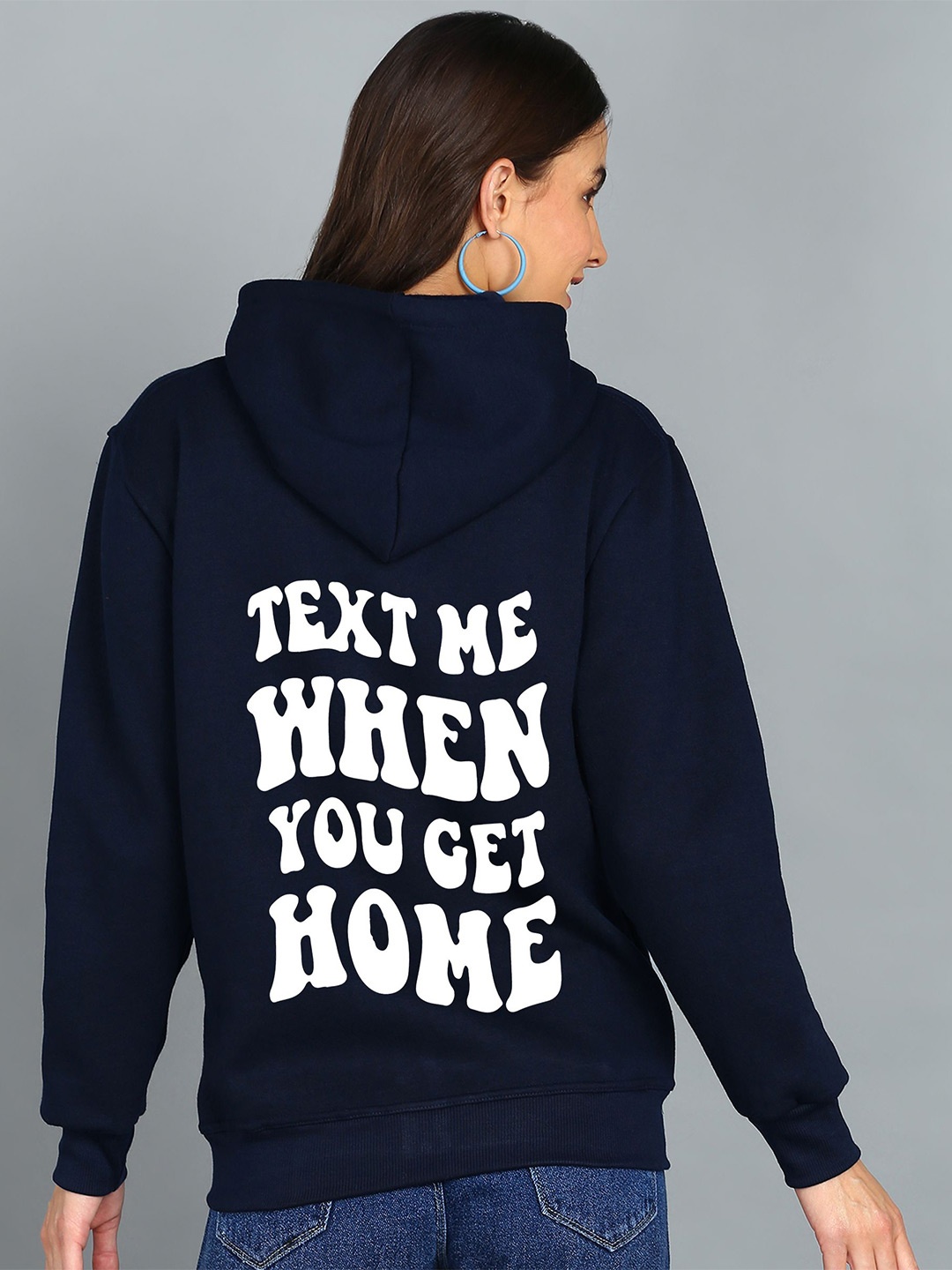 

FALTU.CO Women Typography Printed Hooded Ribbed Cotton Sweatshirt, Navy blue