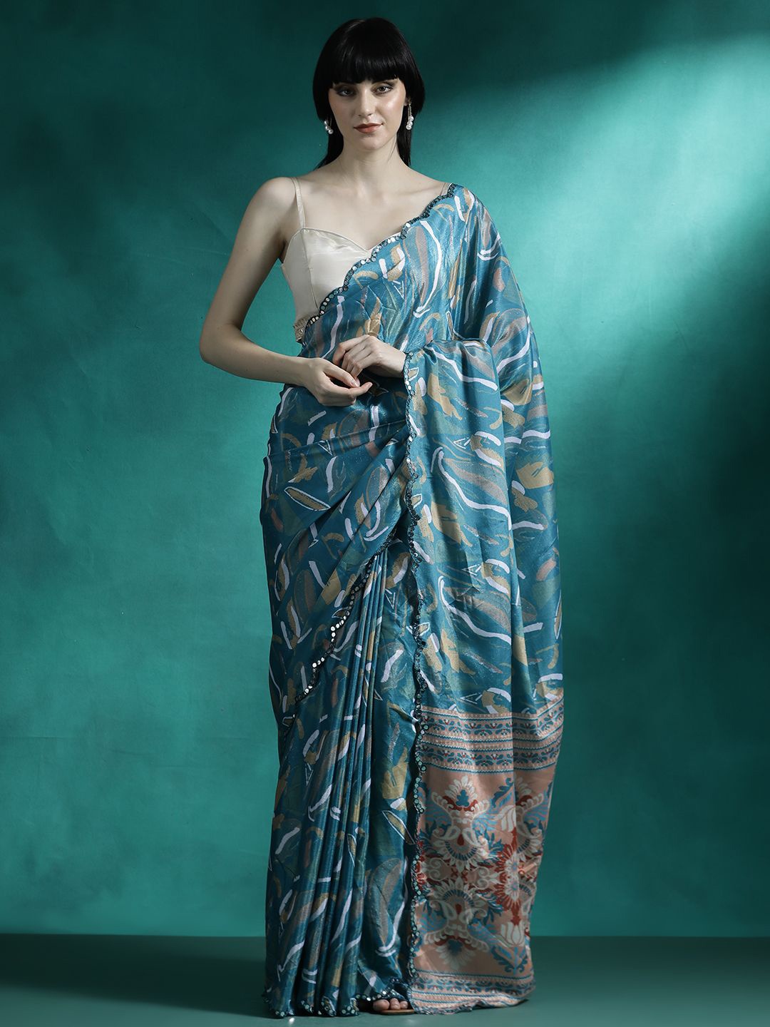 

Sangria Geometric Printed & Embroidered Saree With Blouse, Teal