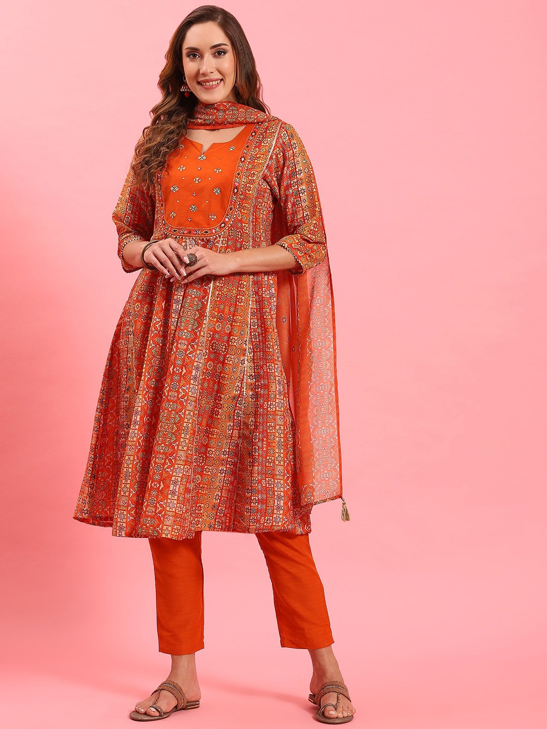 

Shree Ethnic Motifs Printed Sequinned A-Line Kurta with Trousers & Dupatta, Orange