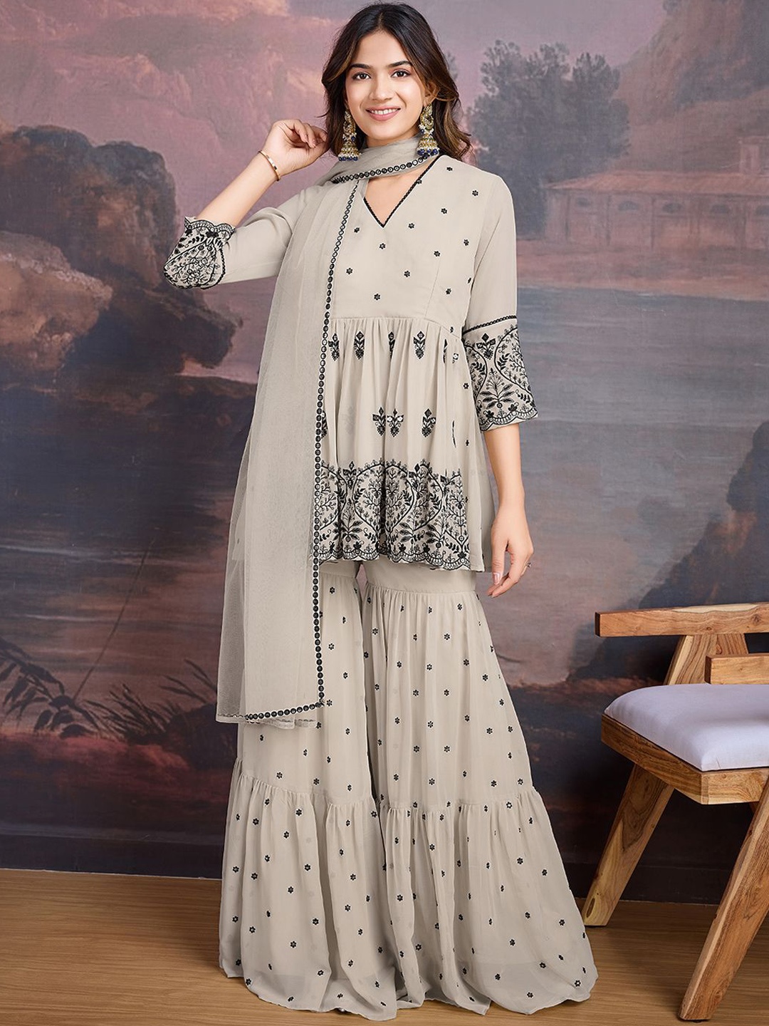 

House of Pataudi Floral Embroidered Sequinned Georgette Kurta with Sharara & Dupatta, Beige