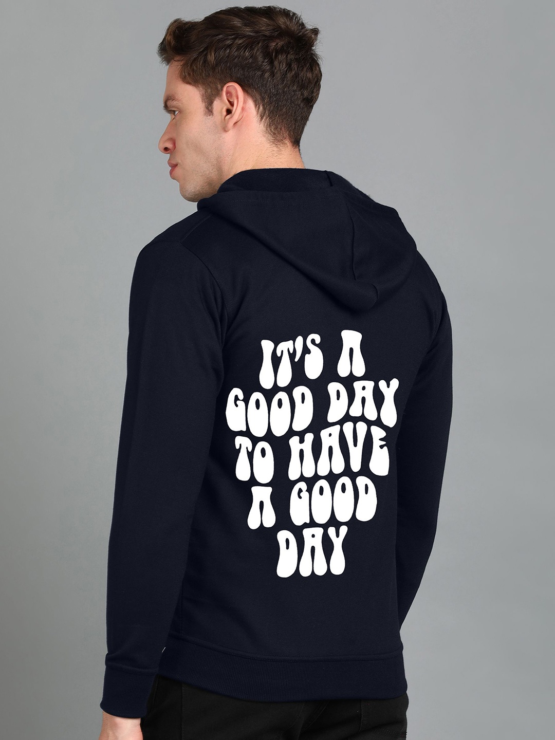 

FALTU.CO Men Typography Printed Zip Detail Hooded Sweatshirt, Navy blue