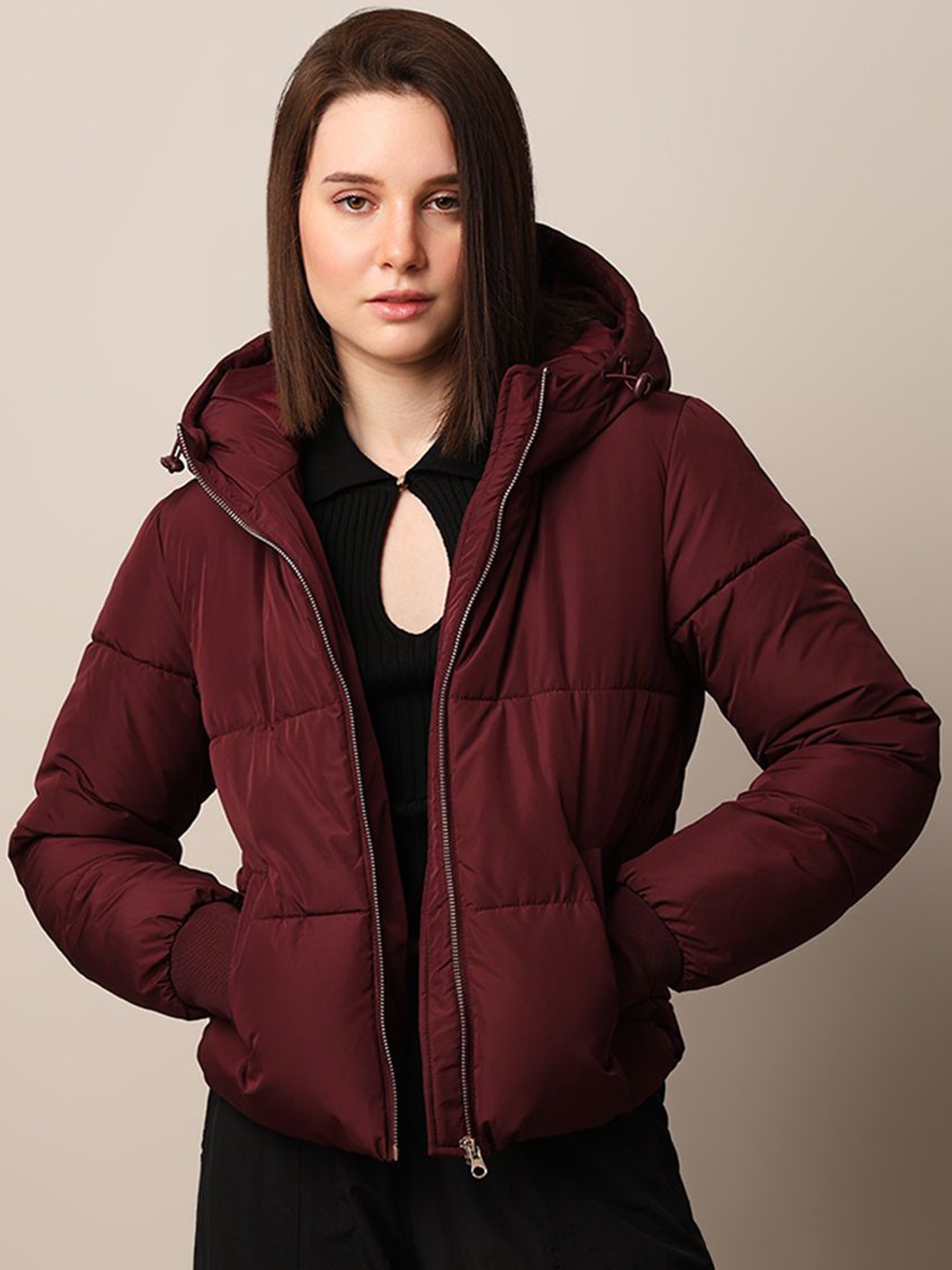 

ONLY Women Solid Hooded Puffer Jacket, Maroon