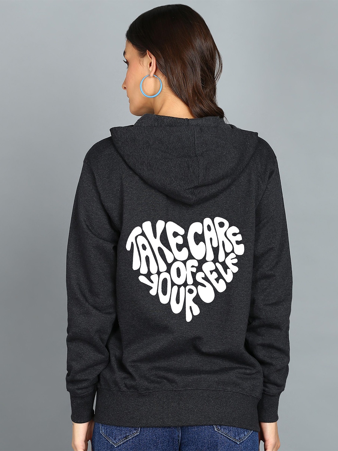 

FALTU.CO Women Typography Printed Hooded Ribbed Cotton Sweatshirt, Charcoal