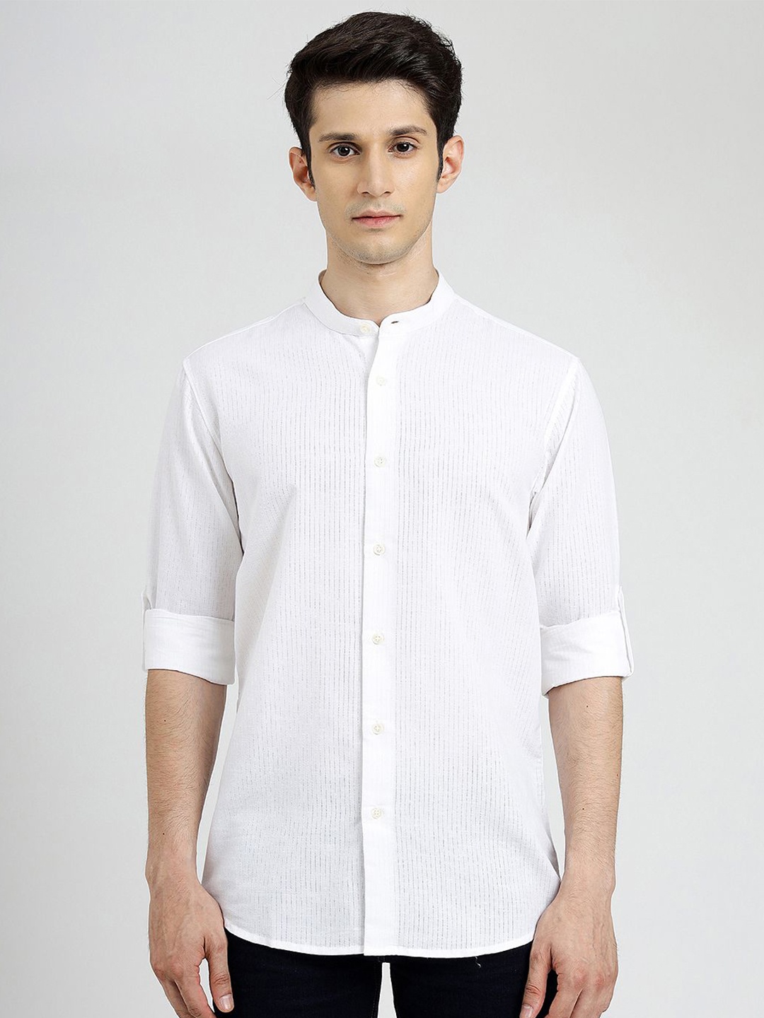 

JADE BLUE Men Mandarin Collar Vertical Striped Cotton Slim Fit Casual Shirt, White