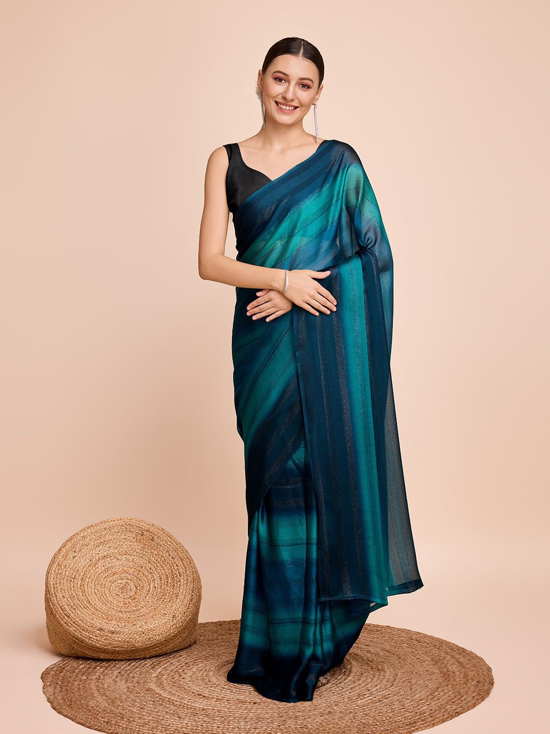 

LEOSAGI Striped Poly Chiffon Saree, Teal