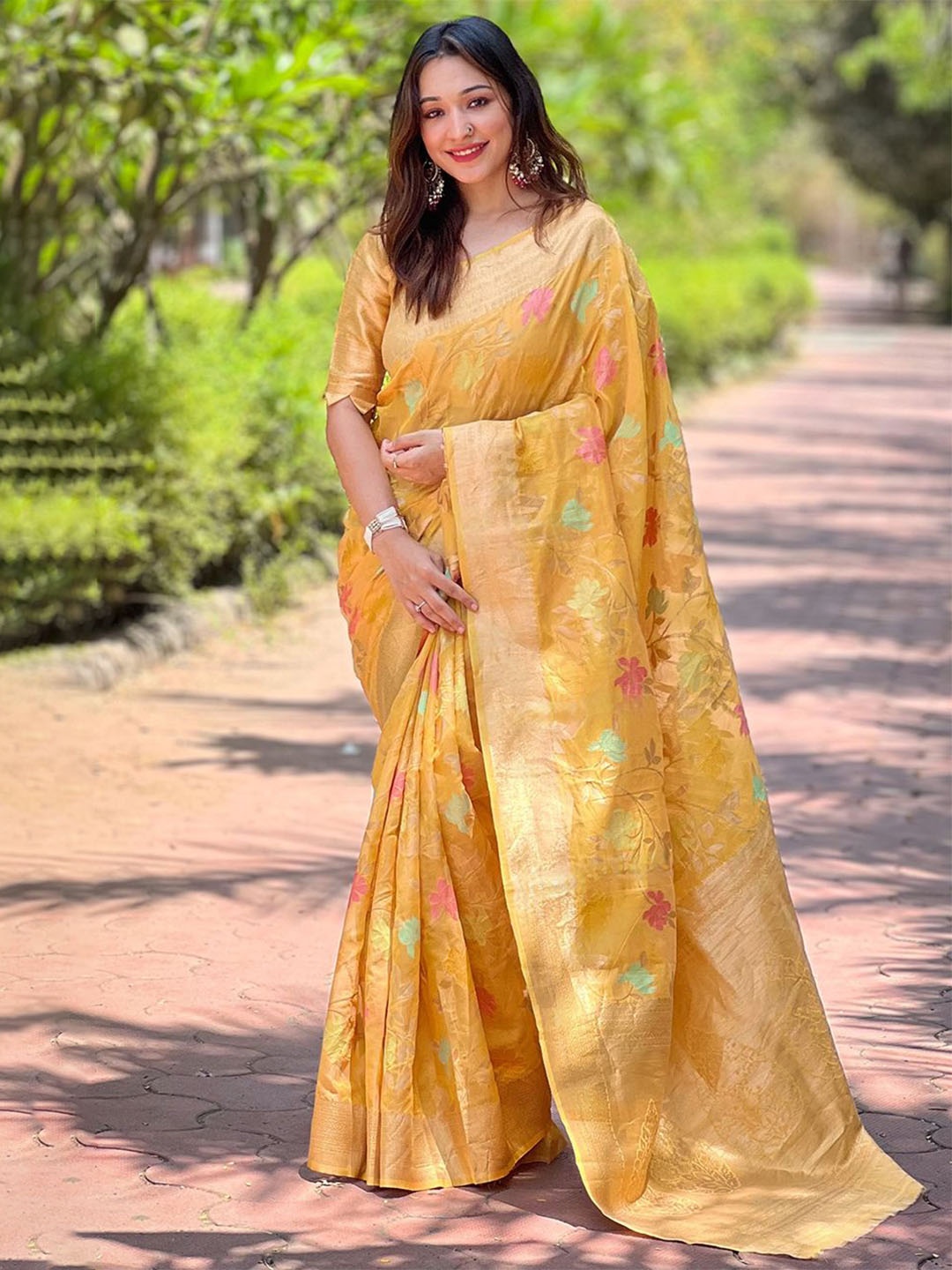 

Mitera Floral Organza Zari Woven Saree, Yellow