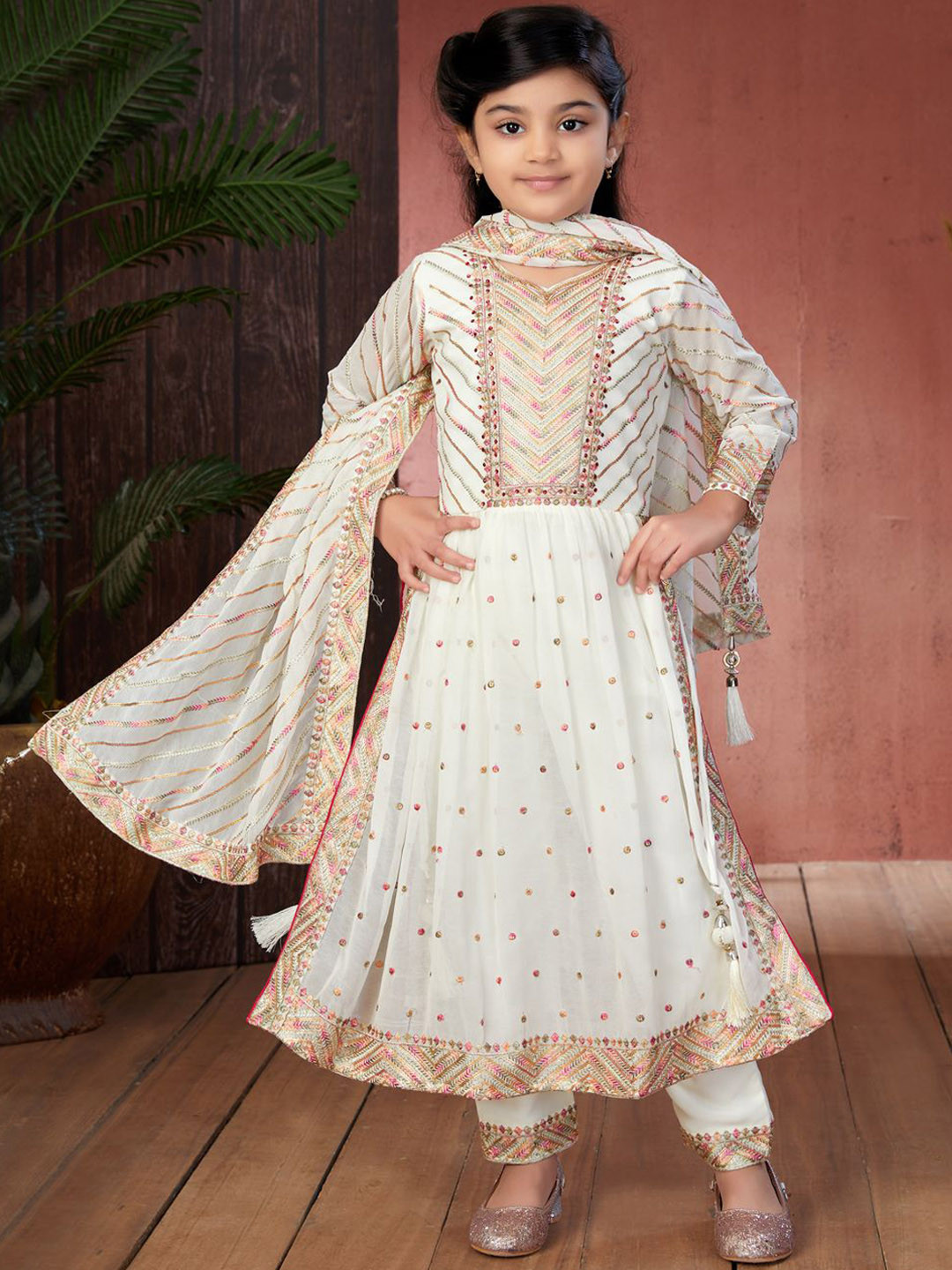 

BAESD Girls Floral Embroidered V-Neck Georgette Anarkali Kurta with Trousers & Dupatta, Cream