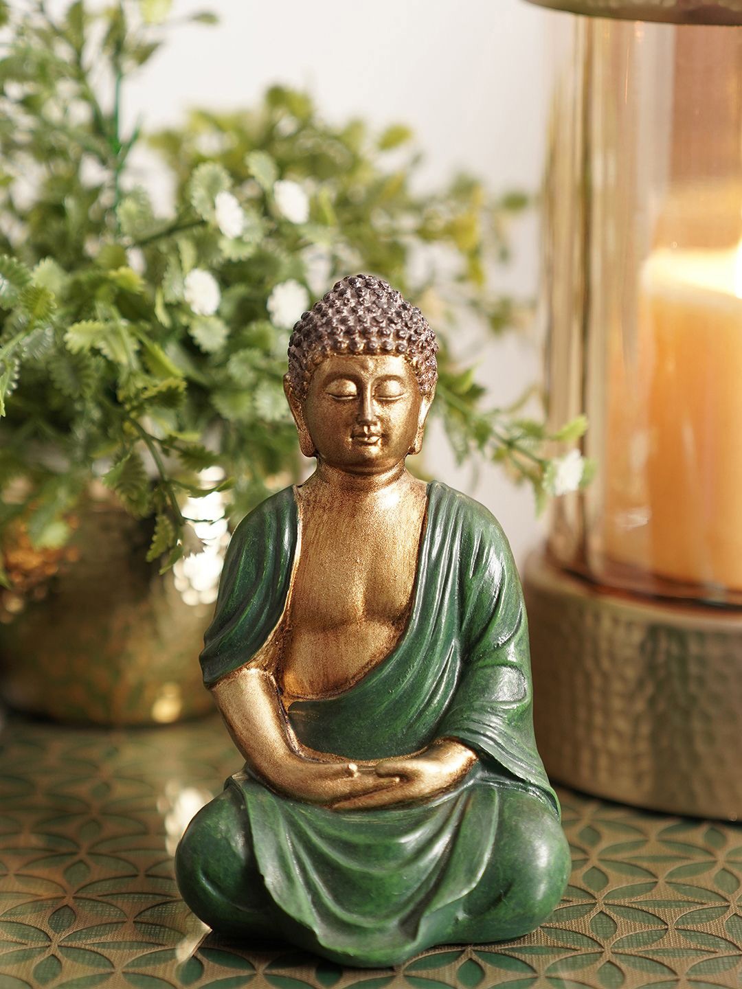 

Pure Home and Living Green & Gold Toned Buddha Idol Showpiece